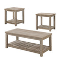 3 Piece Rectangular Coffee and Square End Table Set, Slatted, Gray Beige