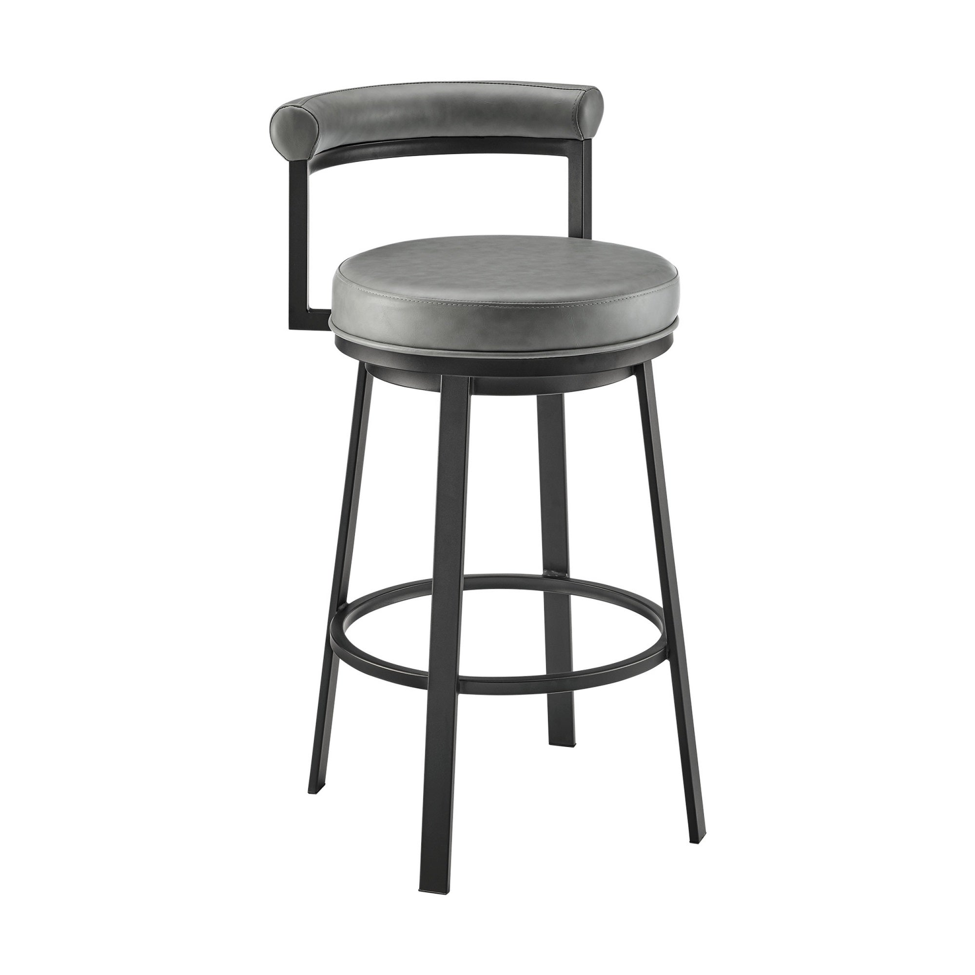 Elysha 30 Inch Swivel Bar Stool Chair, Round Cushion, Gray Faux Leather