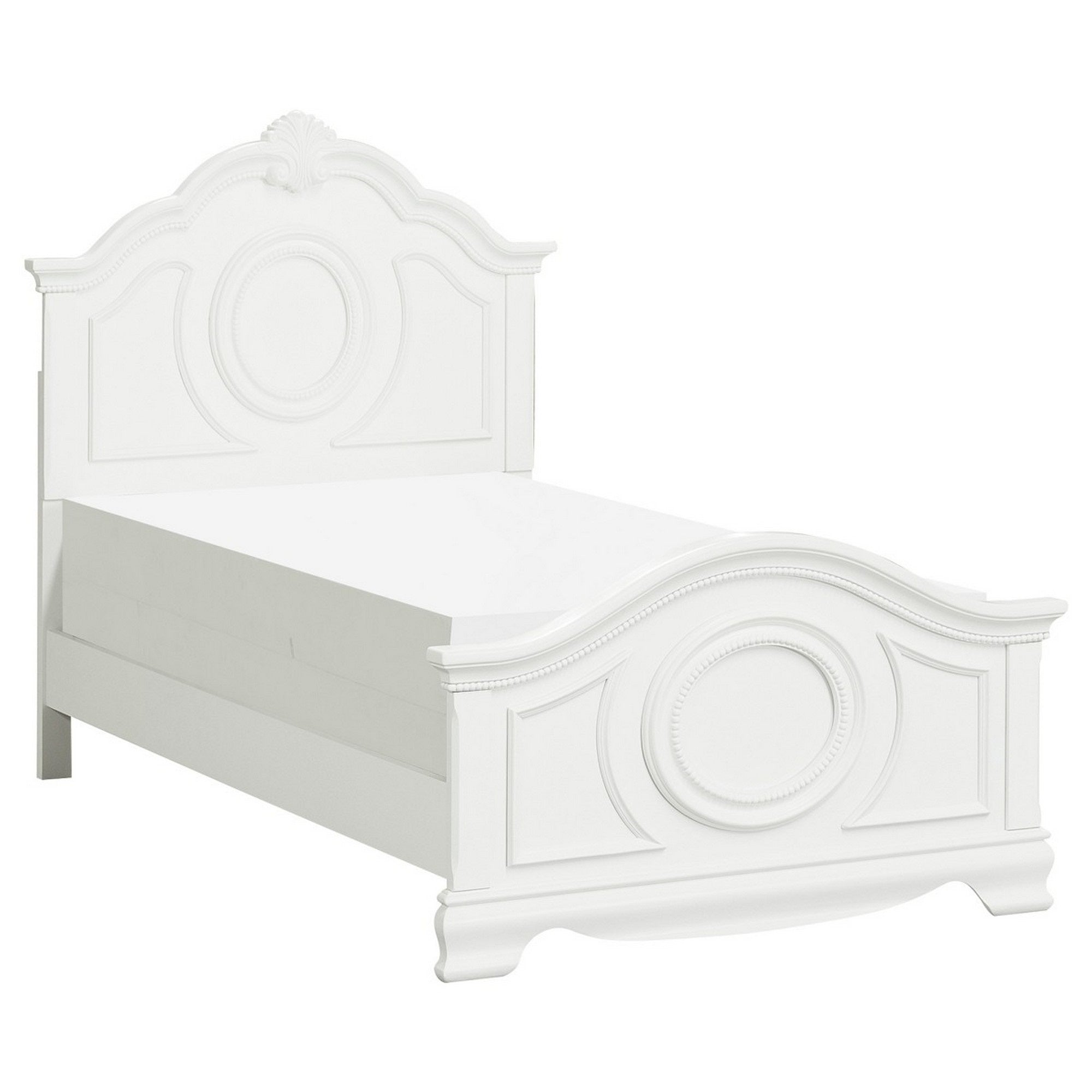 Lilya Traditional Full Size Bed, Bead Molding and Shell Motif, Crisp White