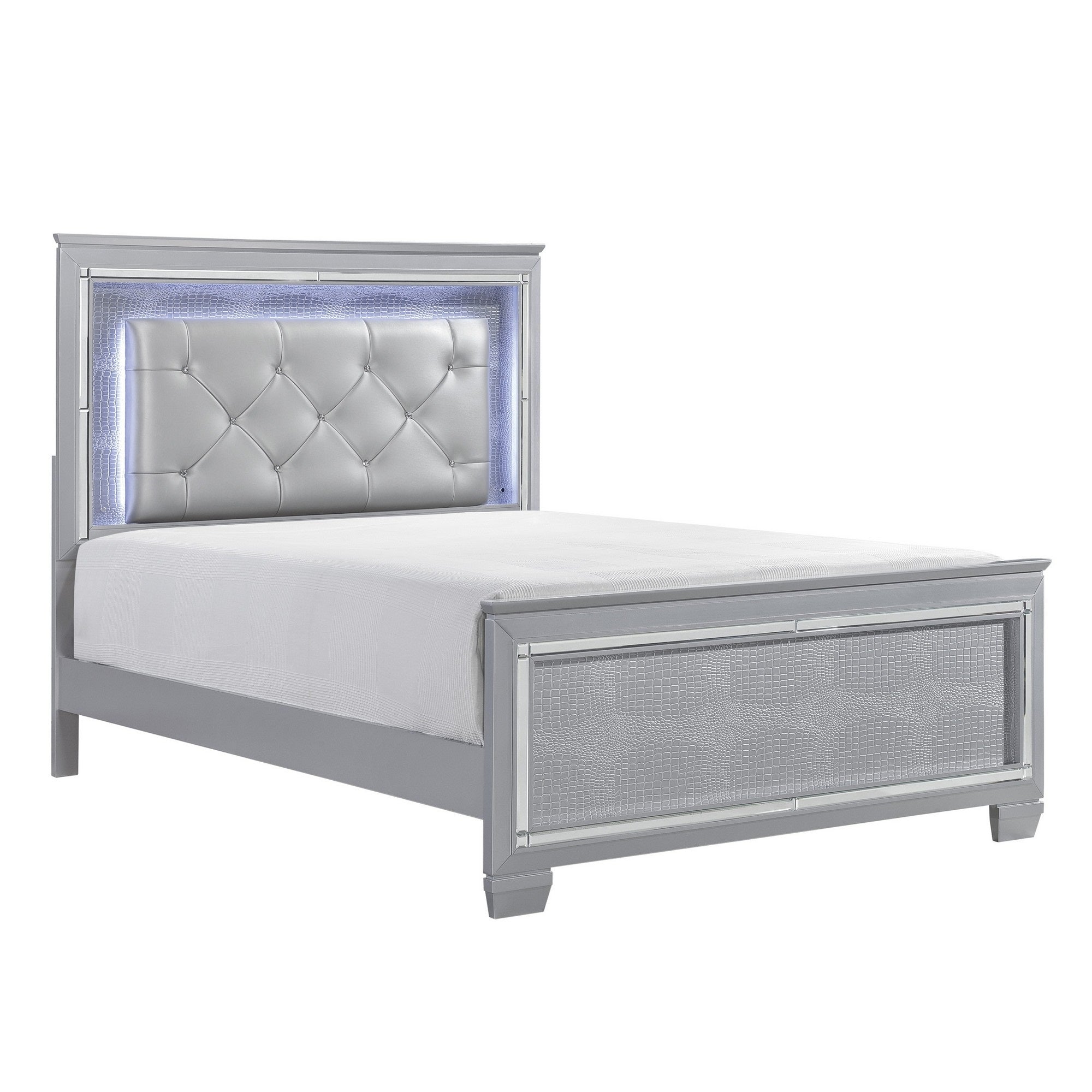 Noah Contemporary Queen Bed, LED Backlit Crystal Tufted Headboard, SIlver