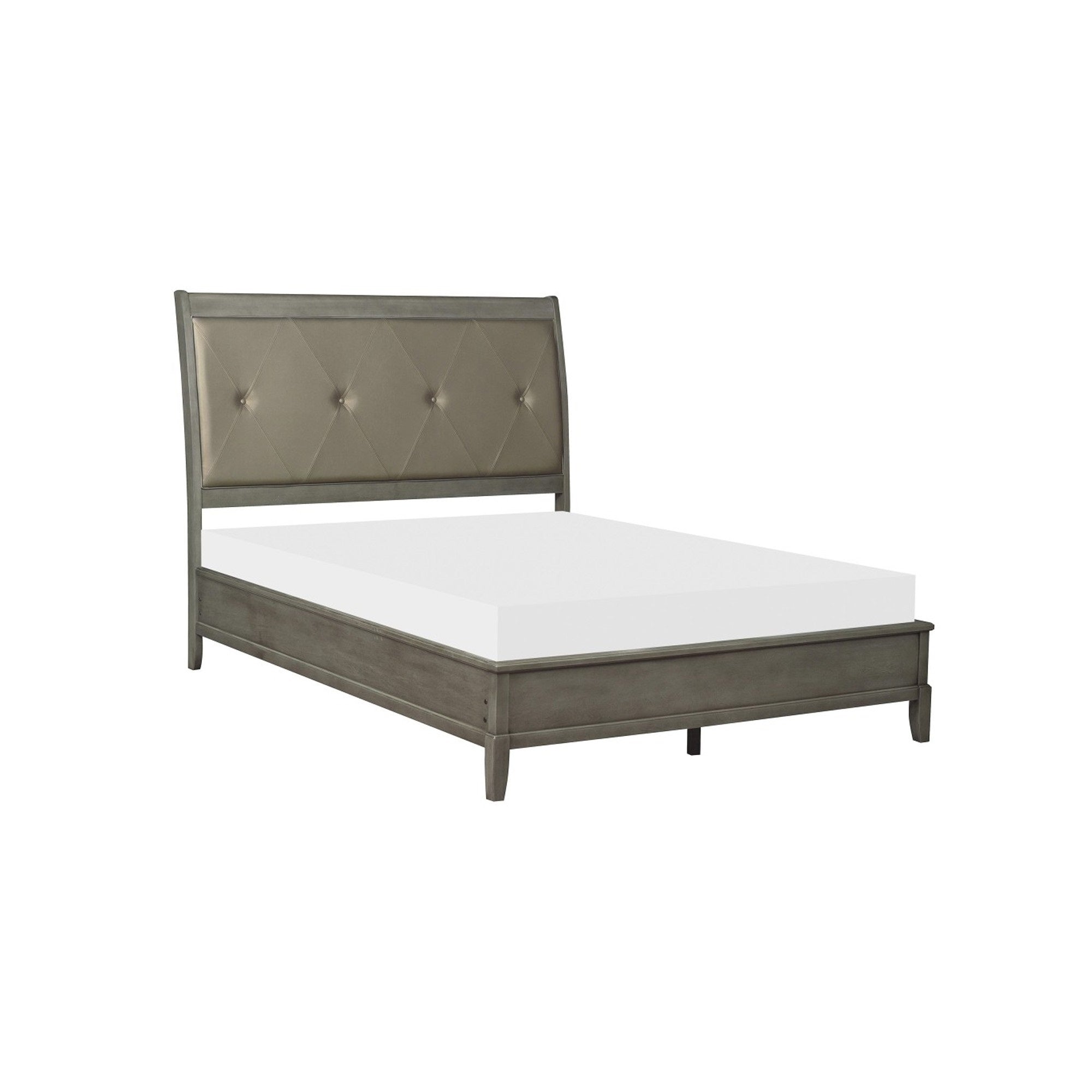 Hadly Classic Queen Sleigh Bed, Button Tufted Headboard, Gray Faux Leather