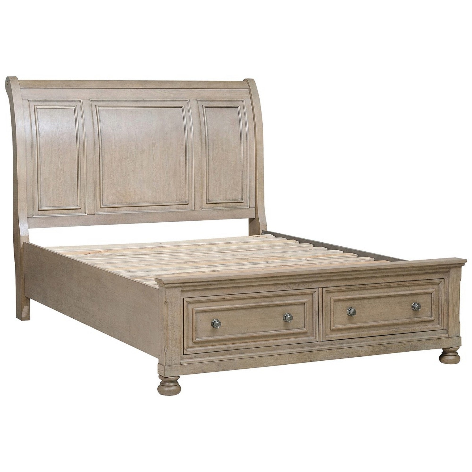 Sage Queen Sleigh Bed, 2 Drawer Footboard, Wire Brushed Smooth Gray Finish