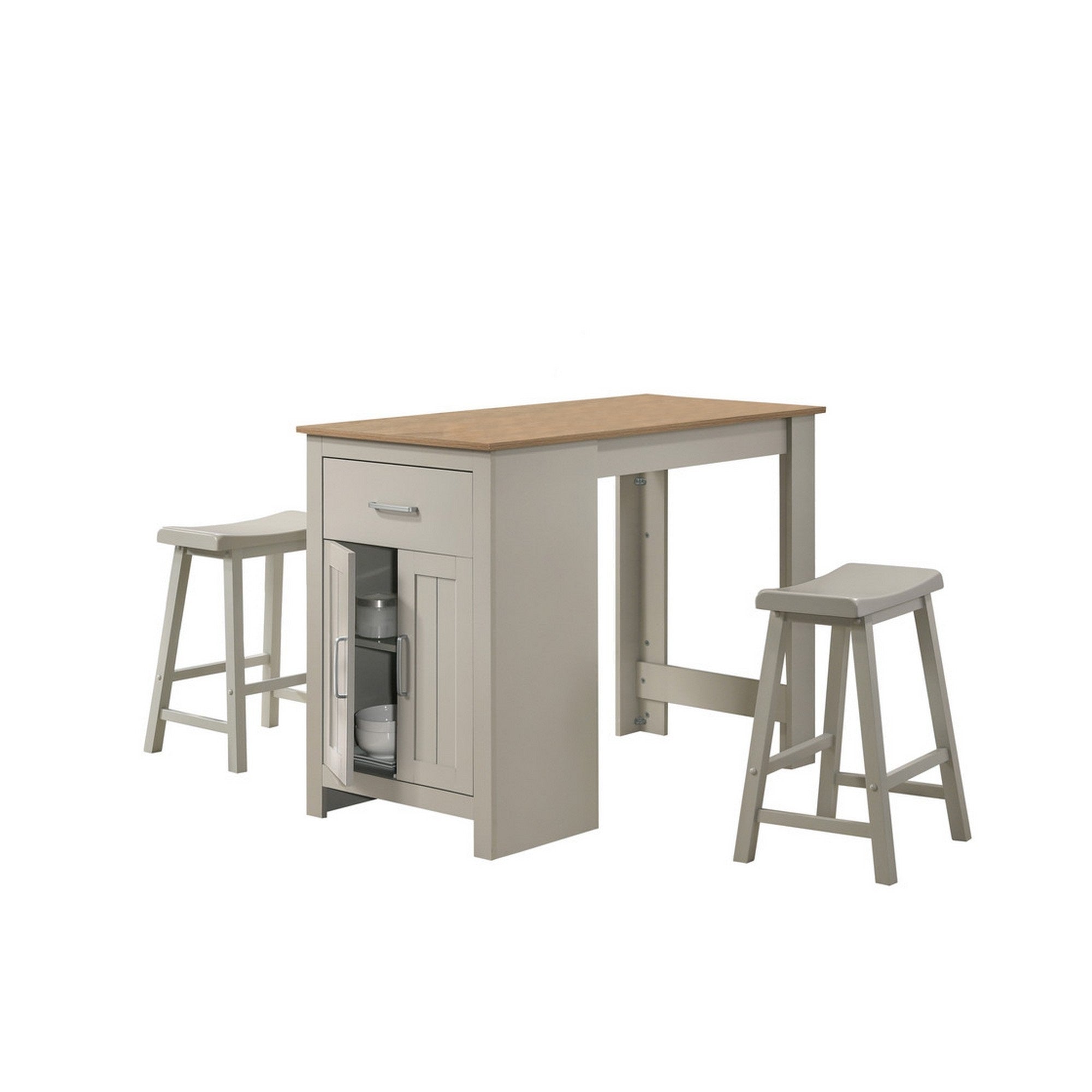 3 Piece Dining Table Kitchen Island with Storage, Counter Stools, Gray