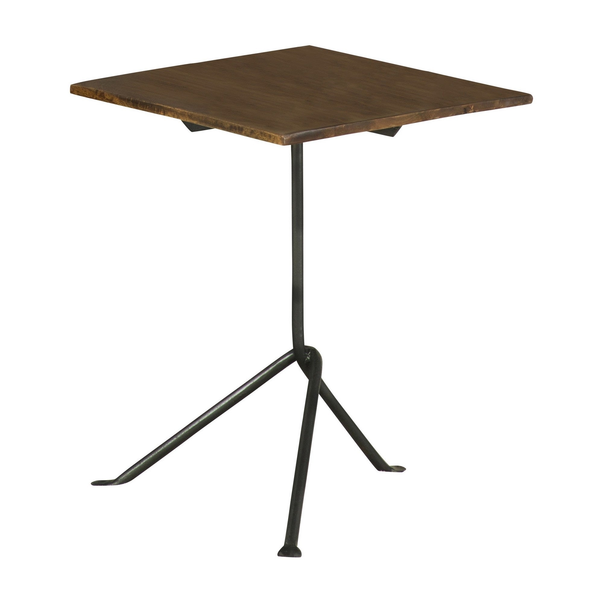 20 Inch Modern Square Accent Table, Gray Metal Tripod Base, Dark Brown Wood