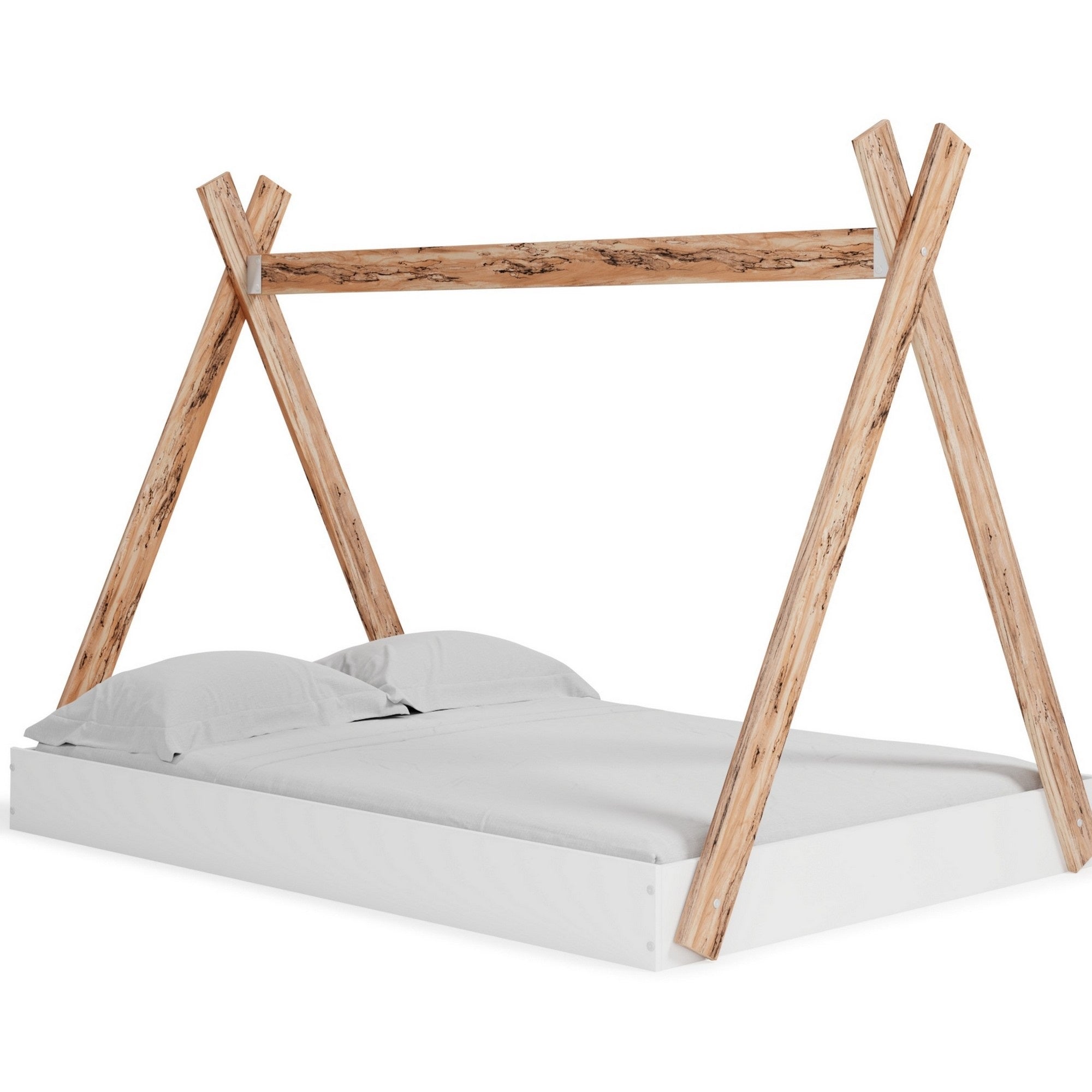 Pipa Modern Full Bed, Crossed Wood A Frame Tent Stand, Crisp White Base