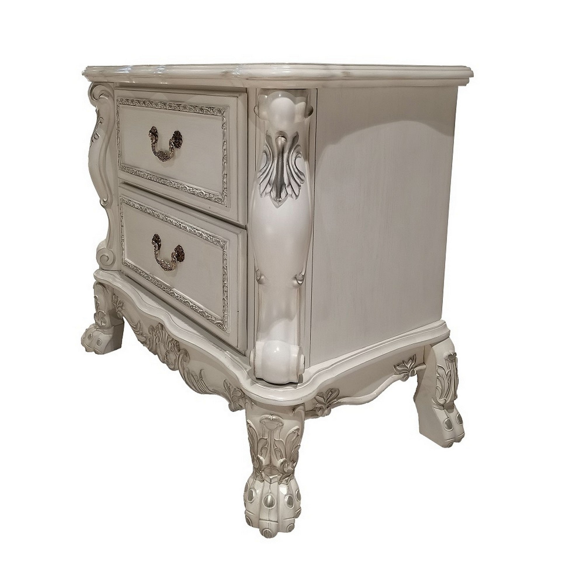 Aurora 32 Inch Classic Wood Nightstand, 2 Drawers, Subtle Carvings, White
