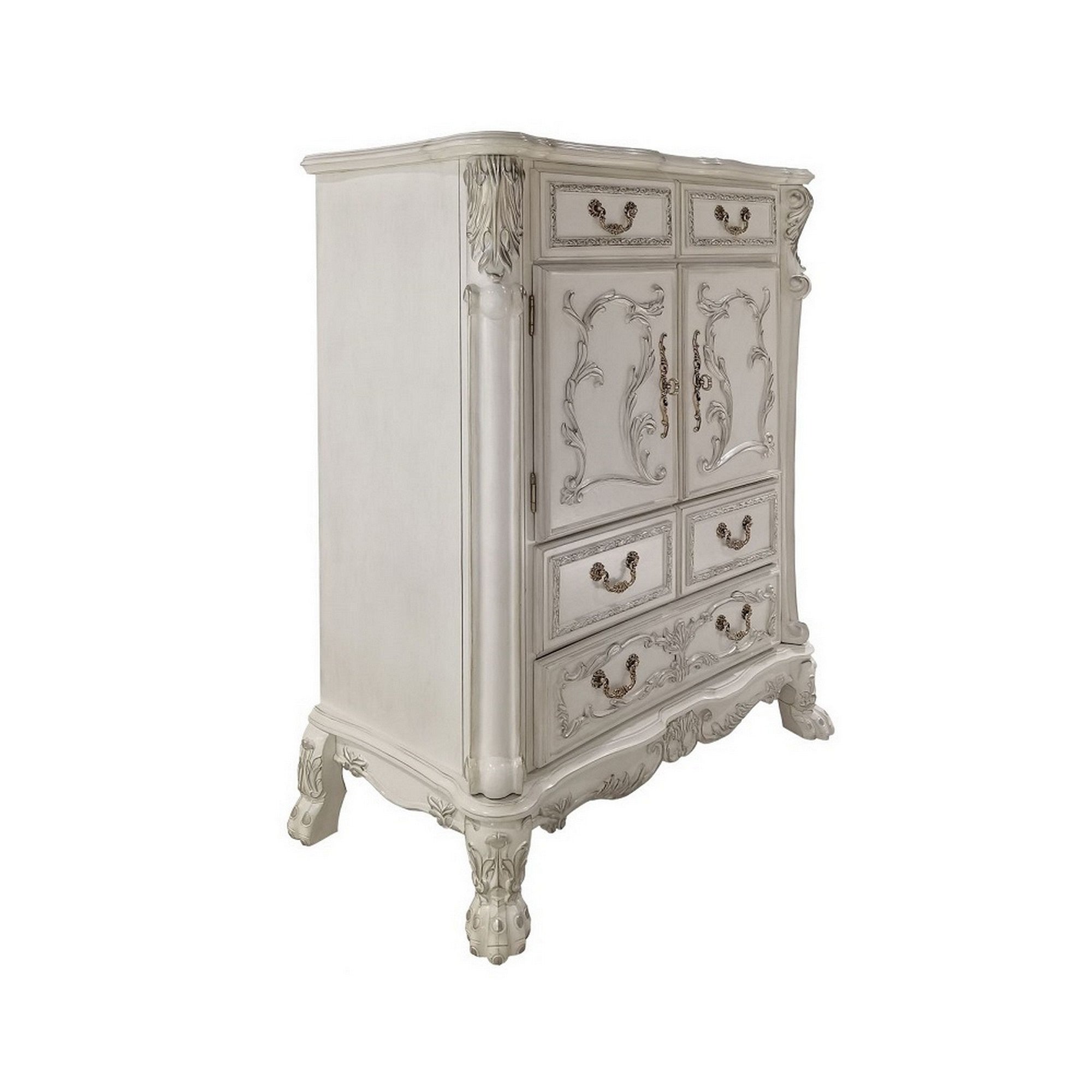 Aurora 55 Inch Carved Wood Chest, 5 Drawers, 2 Door Cabinet, Bone White