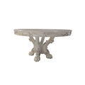 Aurora 60 Inch Round Dining Table, Scrolled Wood Pedestal Base, Bone White