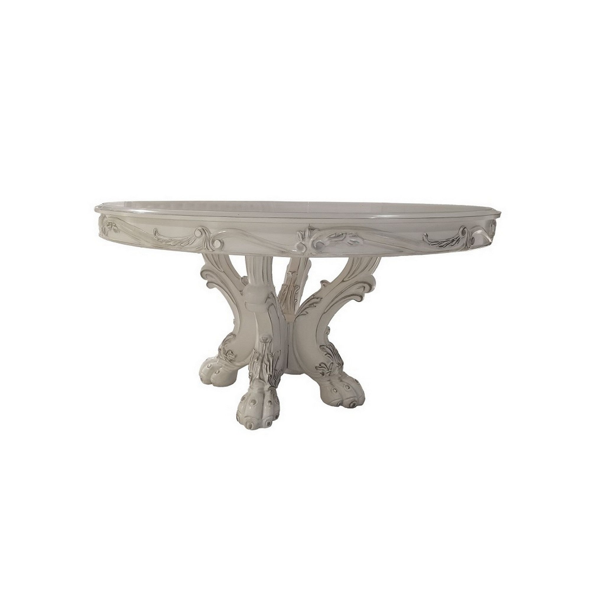 Aurora 60 Inch Round Dining Table, Scrolled Wood Pedestal Base, Bone White