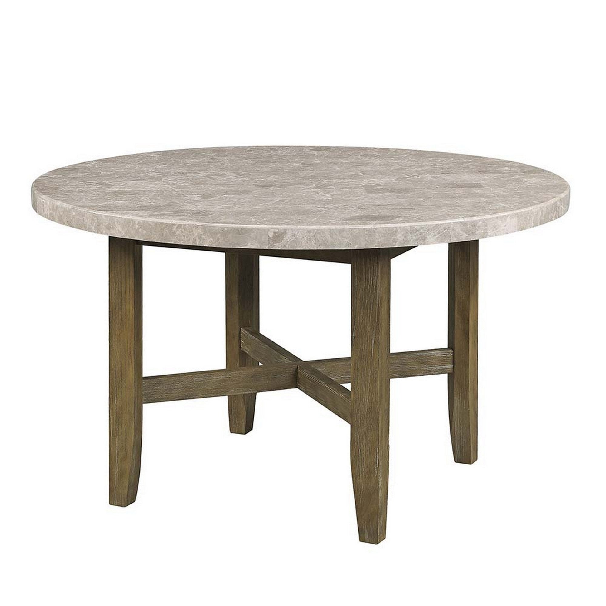 52 Inch Wood Round Dining Table, Marble Surface, Tapered Legs, Rich Brown