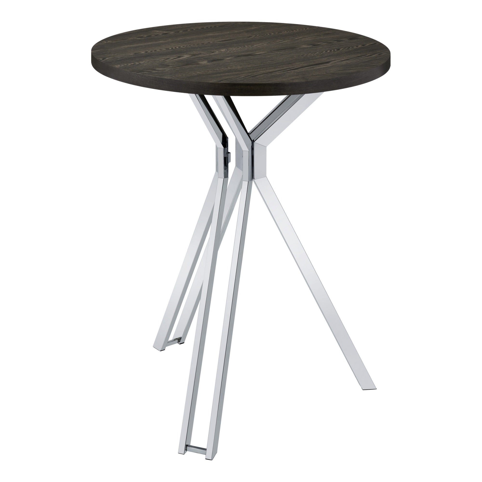 43 Inch Modern Bar Table, Gray Round Top, Polished Chrome Angled Legs