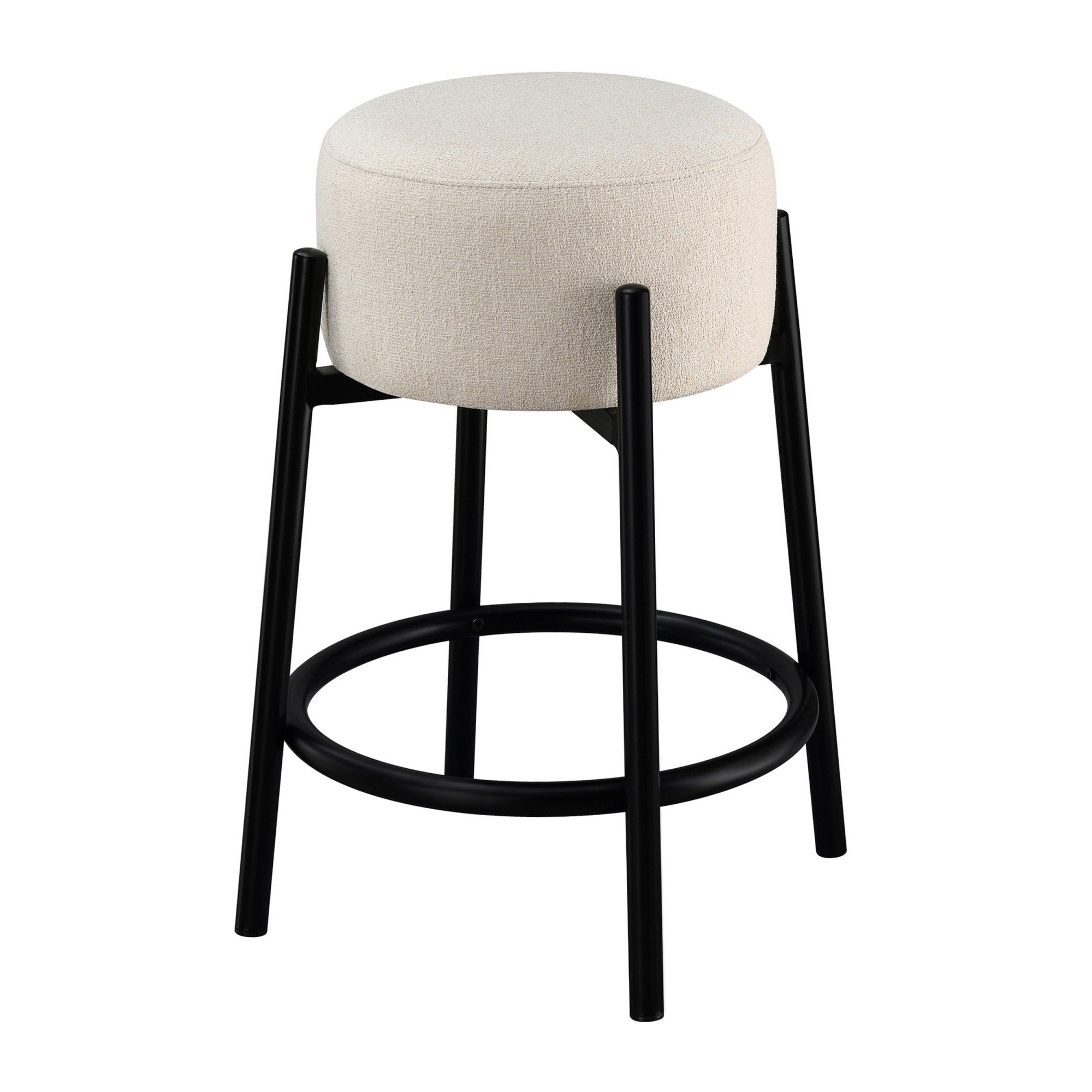 25 Inch Set of 2 Round Counter Height Stools, Black, White Fabric Pouf Seat