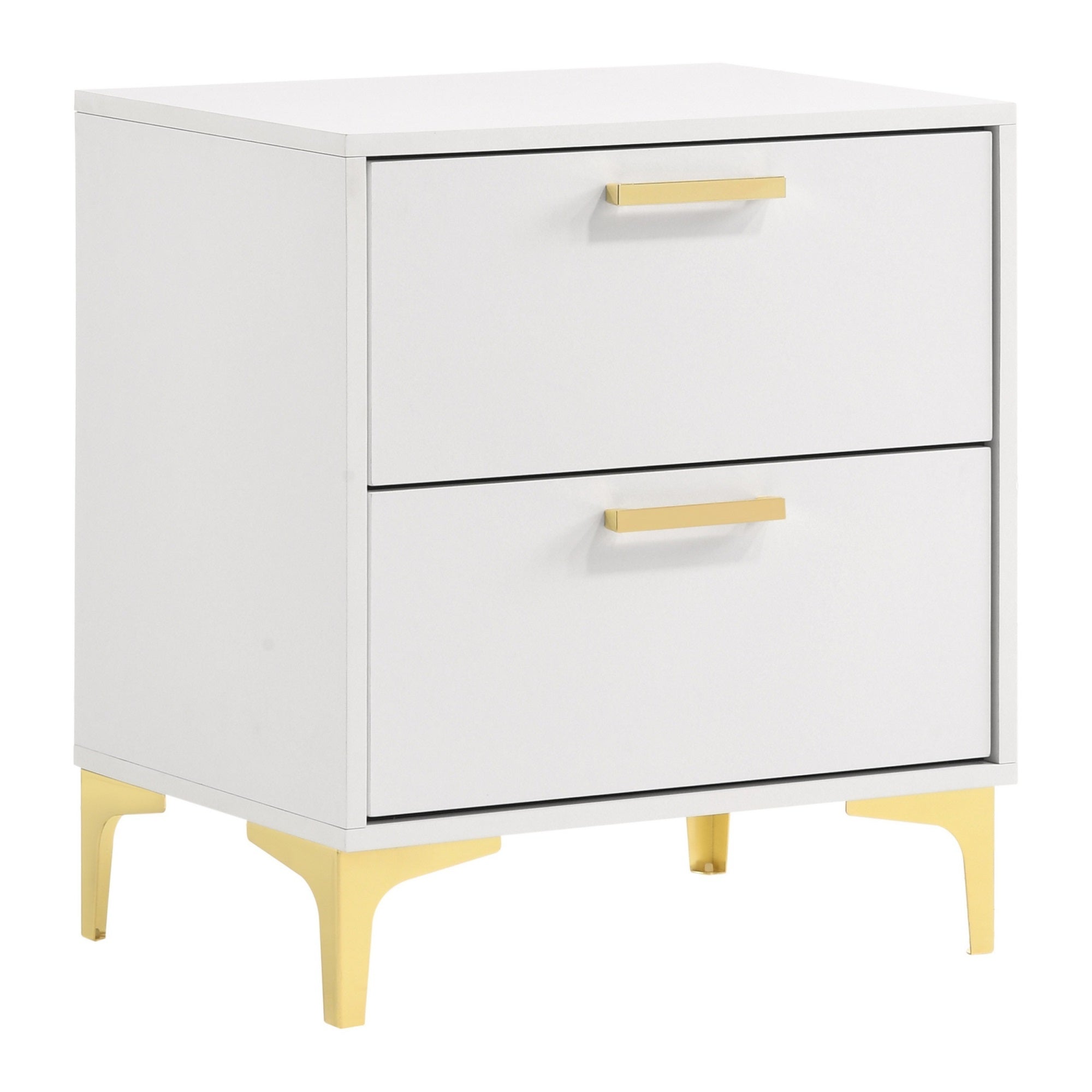 Lif 25 Inch Modern 2 Drawer Nightstand, Gold Metal Accents, Pure White