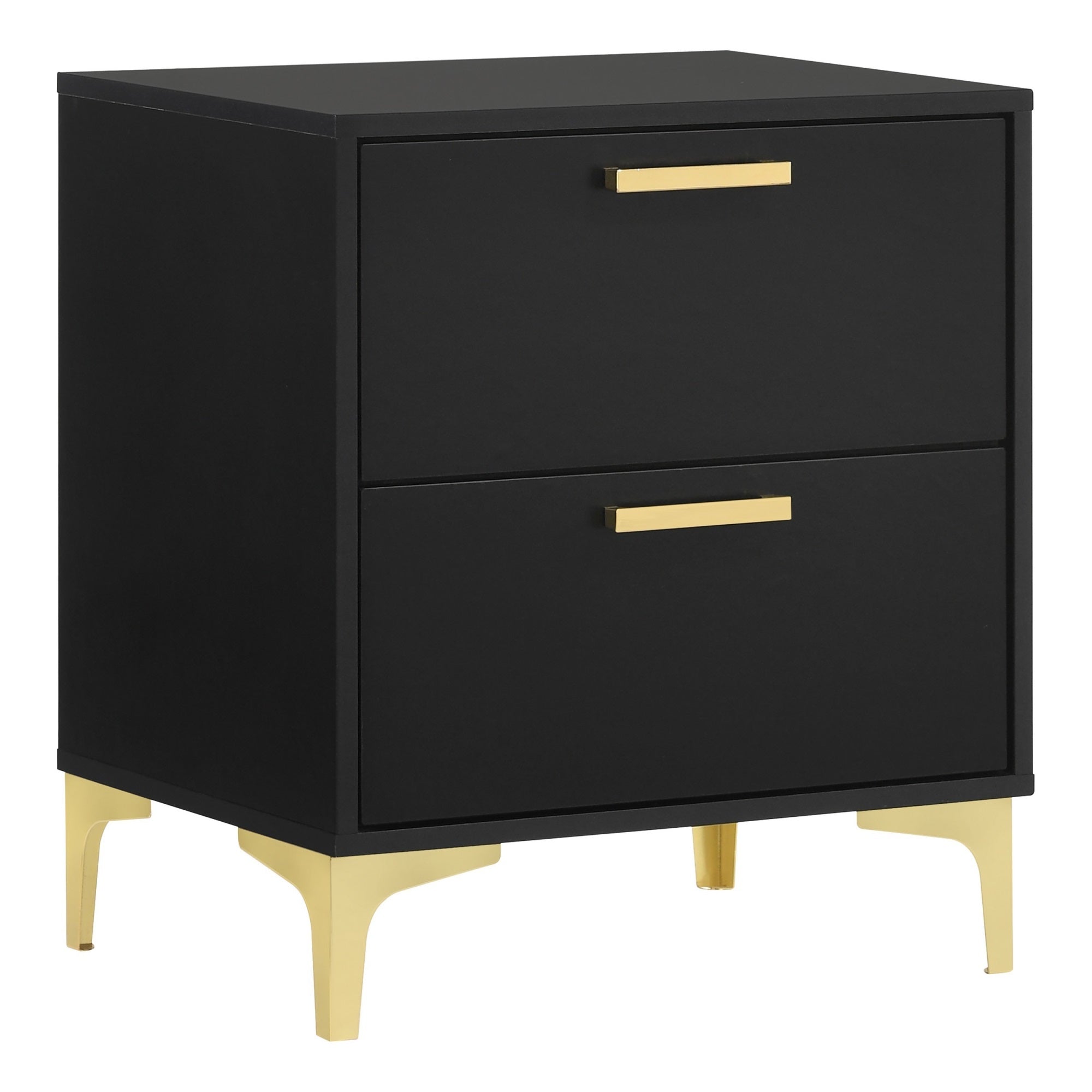 Lif 25 Inch Modern 2 Drawer Nightstand, Gold Metal Accents, Jet Black