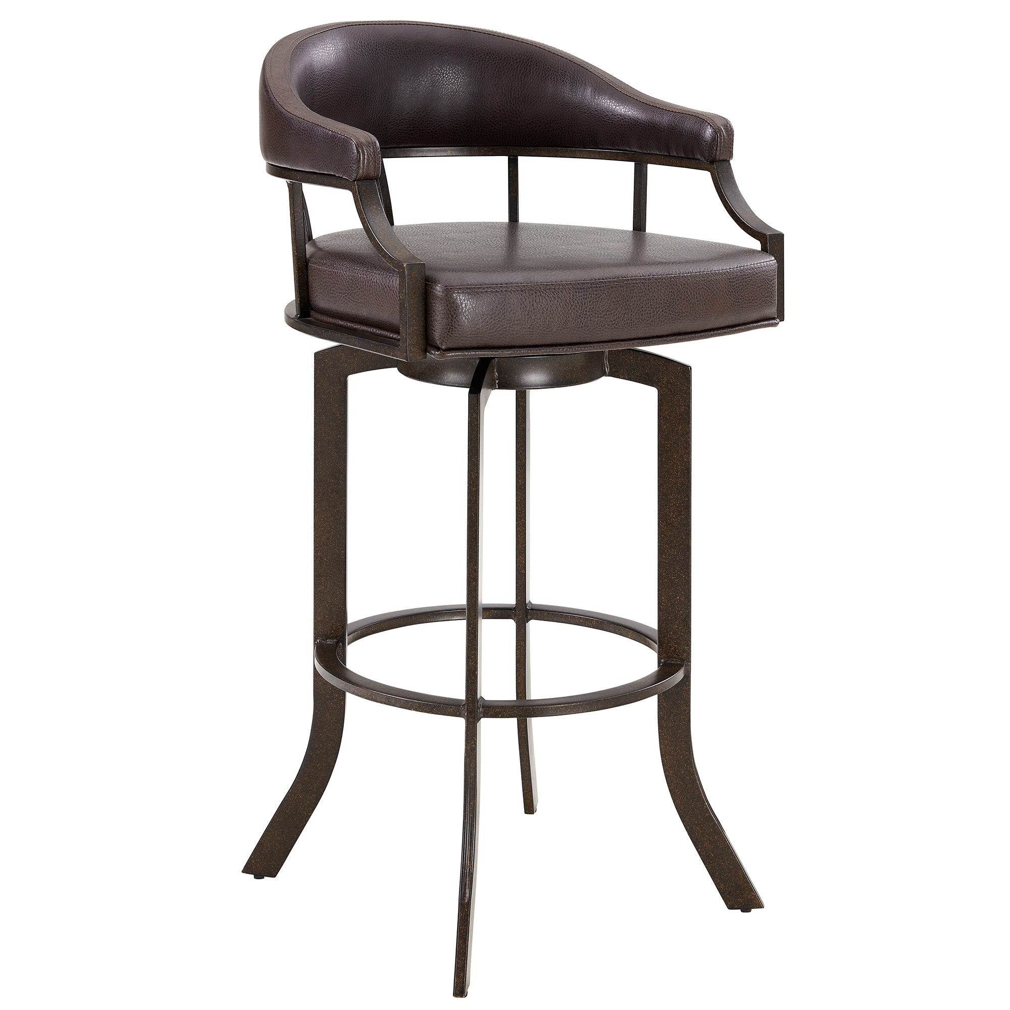 Nuf 30 Inch Swivel Barstool Armchair, Curved Round Back, Brown Faux Leather