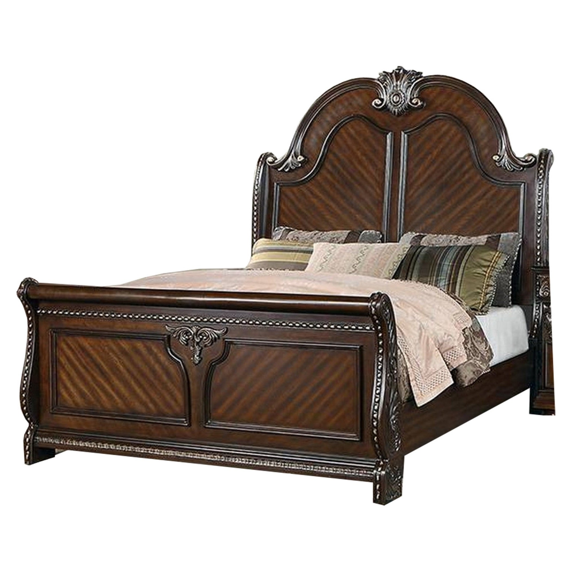 Qoz Wood Queen Size Bed with Carved Trim, Scalloped Headboard, Brown
