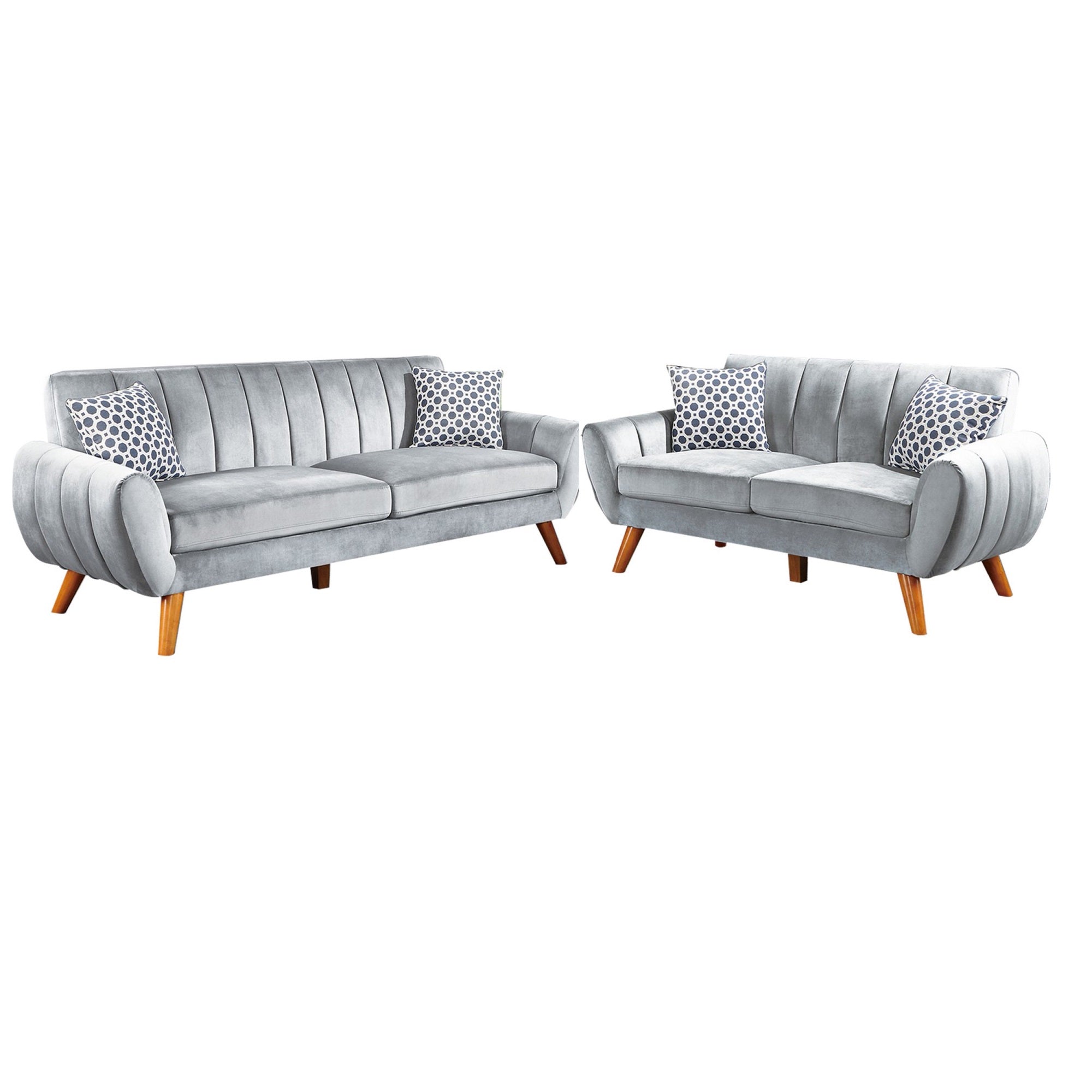 Eula 2 Piece Sofa and Loveseat Set with 4 Throw Pillows, Light Gray Velvet