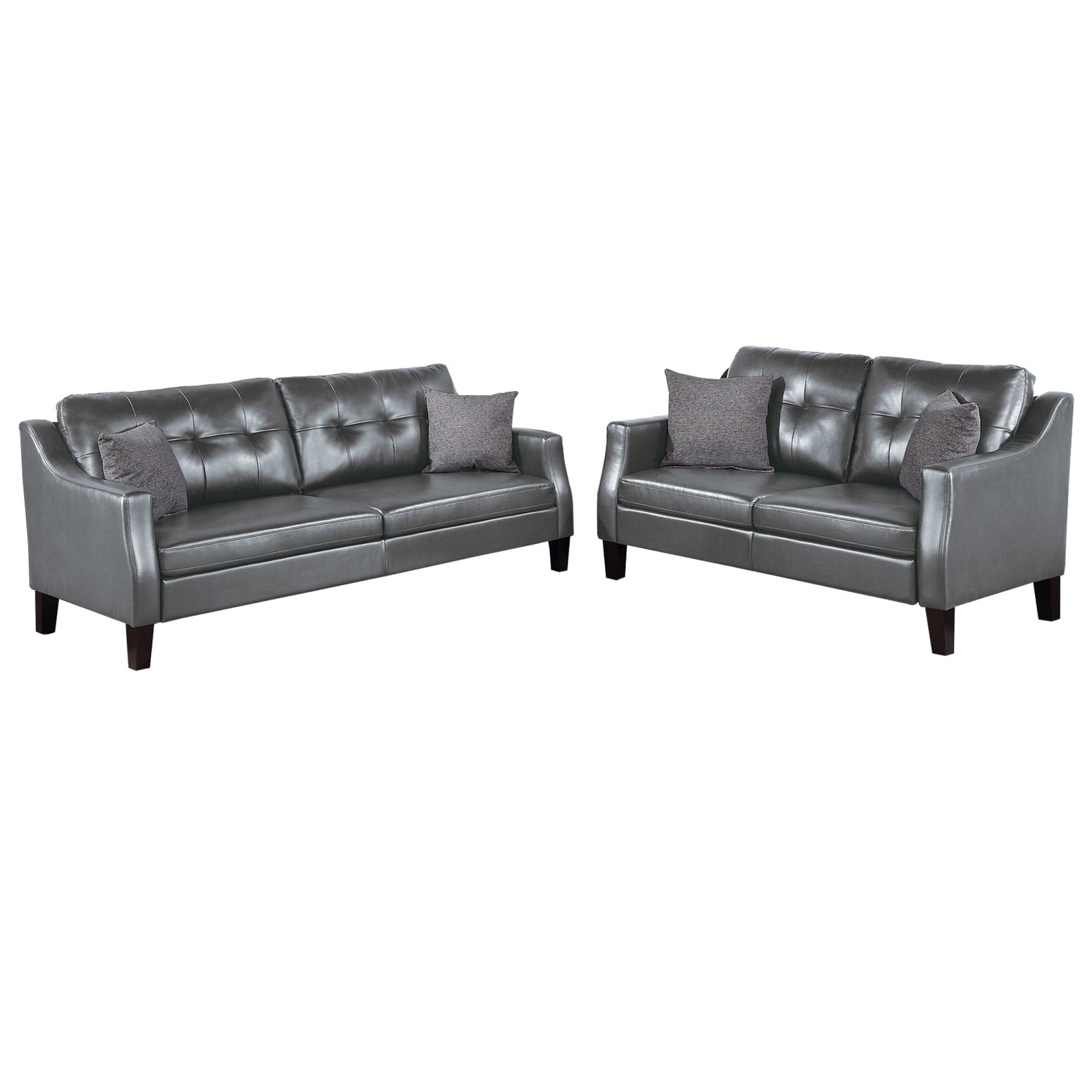 Hera 2 Piece Sofa and Loveseat Set, 4 Pillows, Classic Gray Faux Leather