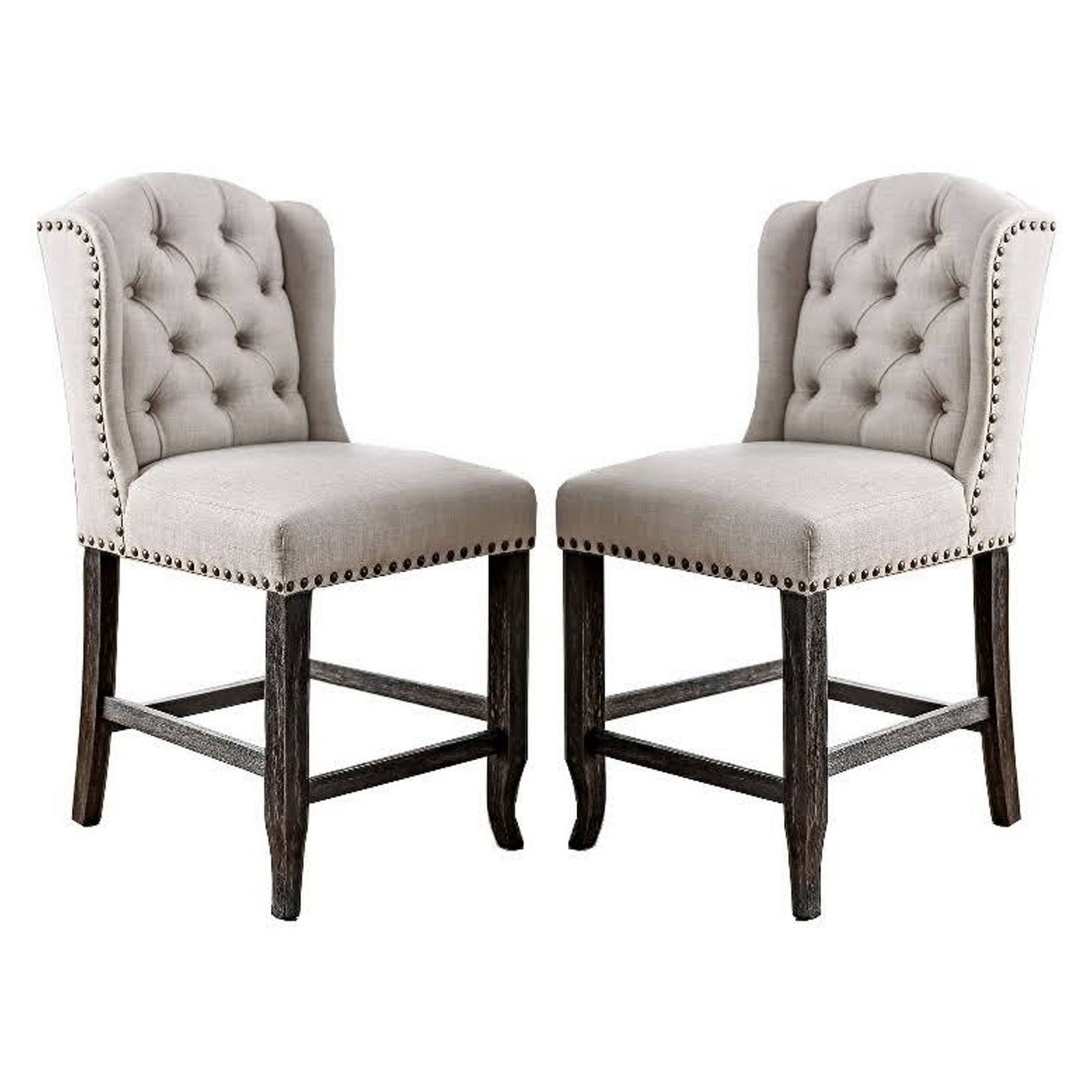 Bega 24 Inch Counter Height Chair, Set of 2, Wingback, Tufted, Light Gray