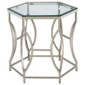 Slade 26 Inch Side End Table, Hexagonal Glass Top, Geometric Base, Chrome