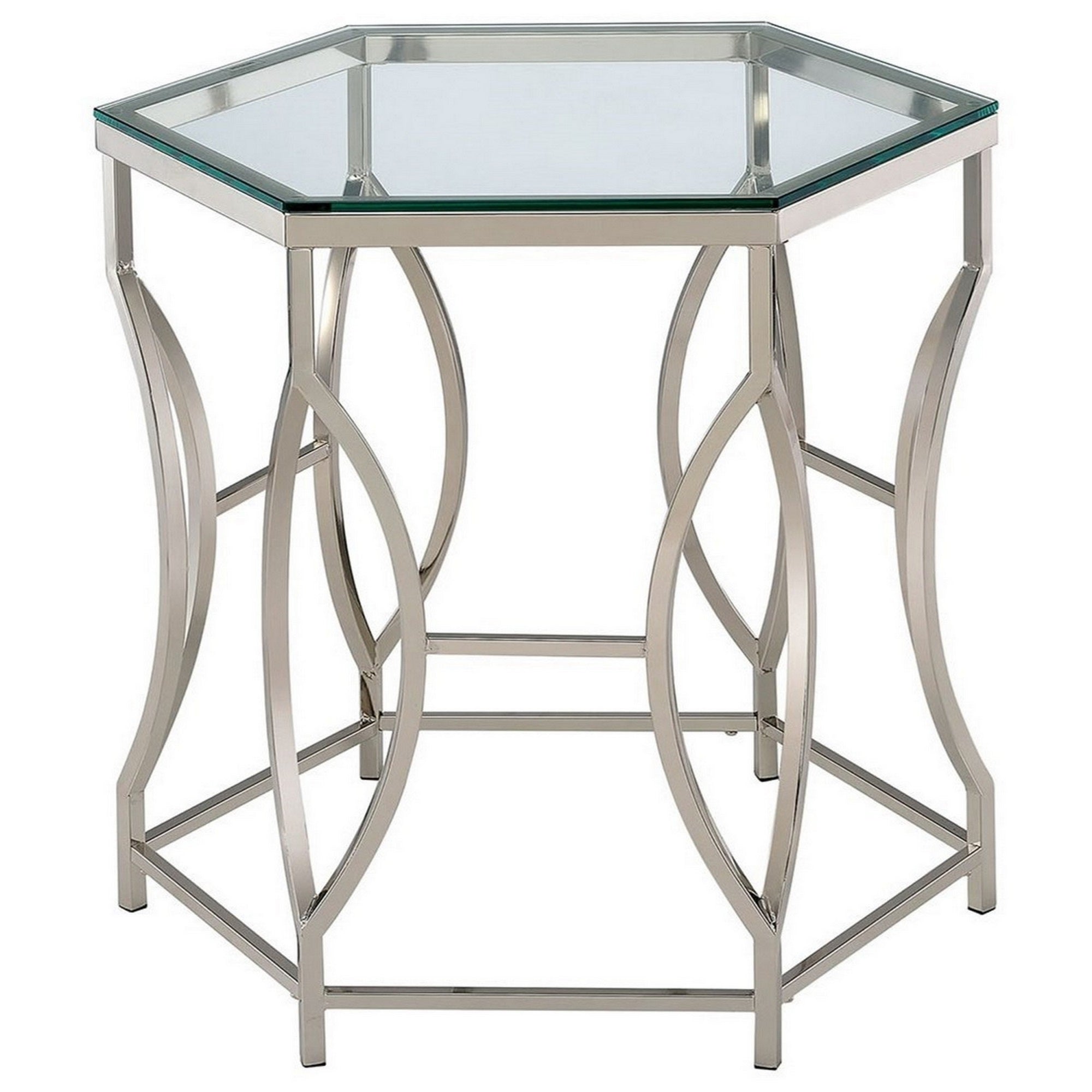 Slade 26 Inch Side End Table, Hexagonal Glass Top, Geometric Base, Chrome