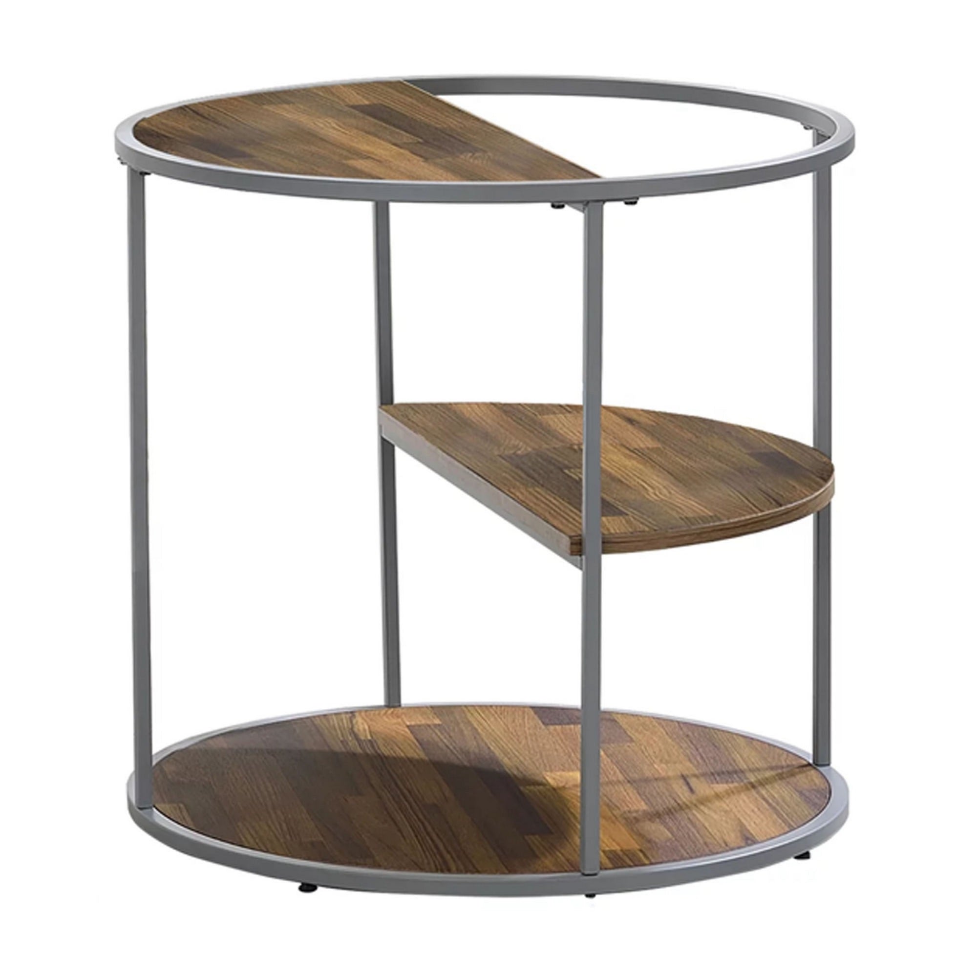 Lenn 24 Inch 3 Tier Round Brown Side End Table, Half Shelf, Gray Frame