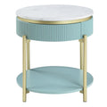 Ville 23 Inch Round Side End Table, White Faux Marble Top, Teal Reeded Edge