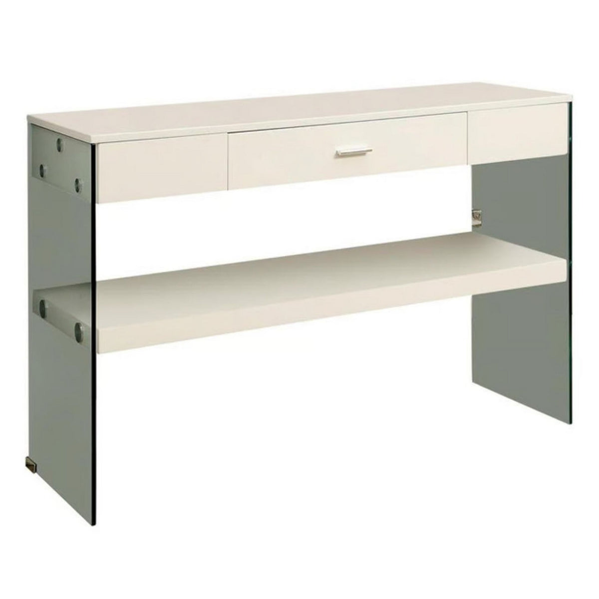 Stub 47 Inch Sofa Console Table, Glossy White Wood, Glass Panels, 1 Drawer