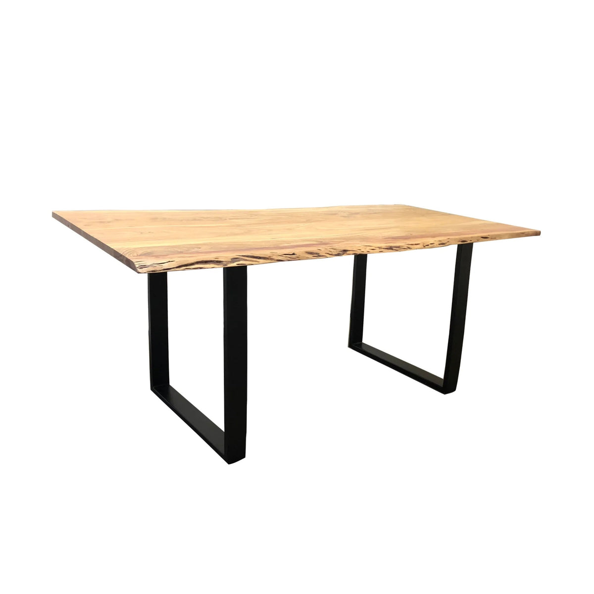 71 Inch Live Edge Dining Table, U Design Black Metal Legs, Natural Brown
