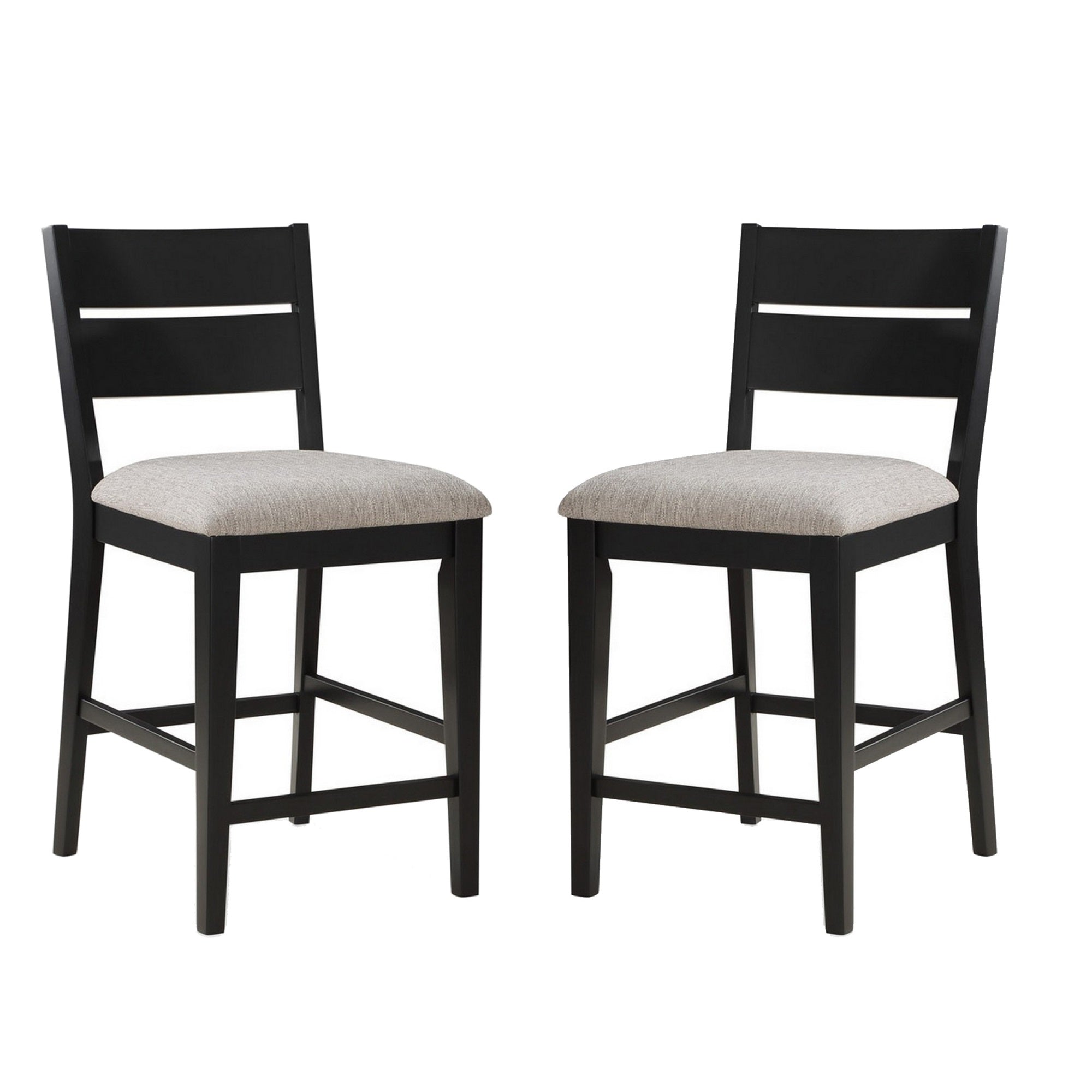 24 Inch Counter Height Chair, Set of 2, Seat Cushions, Gray Fabric, Black