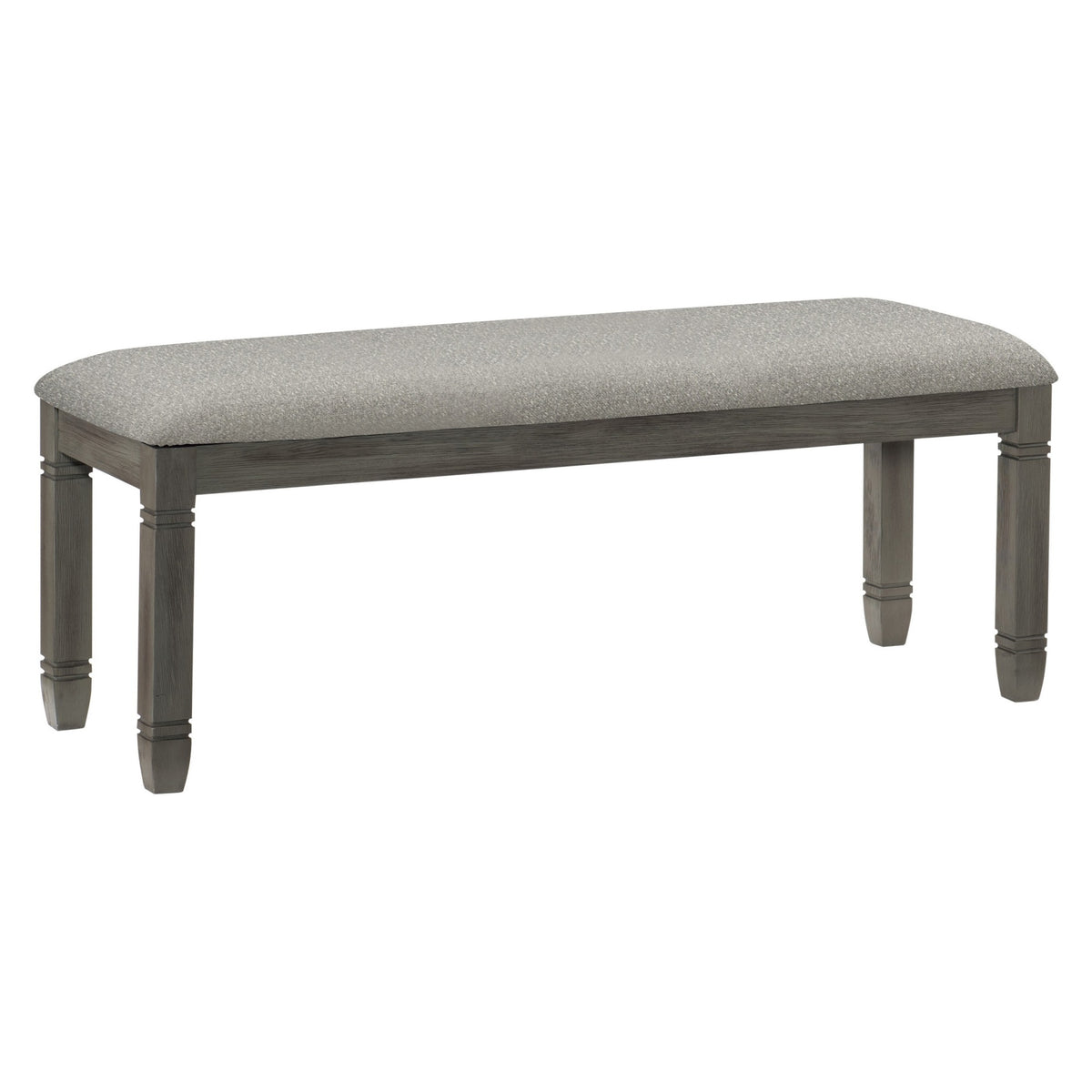 Rome 48 Inch Bench, Gray Textured Fabric, Padded Seat, Antique Gray Wood