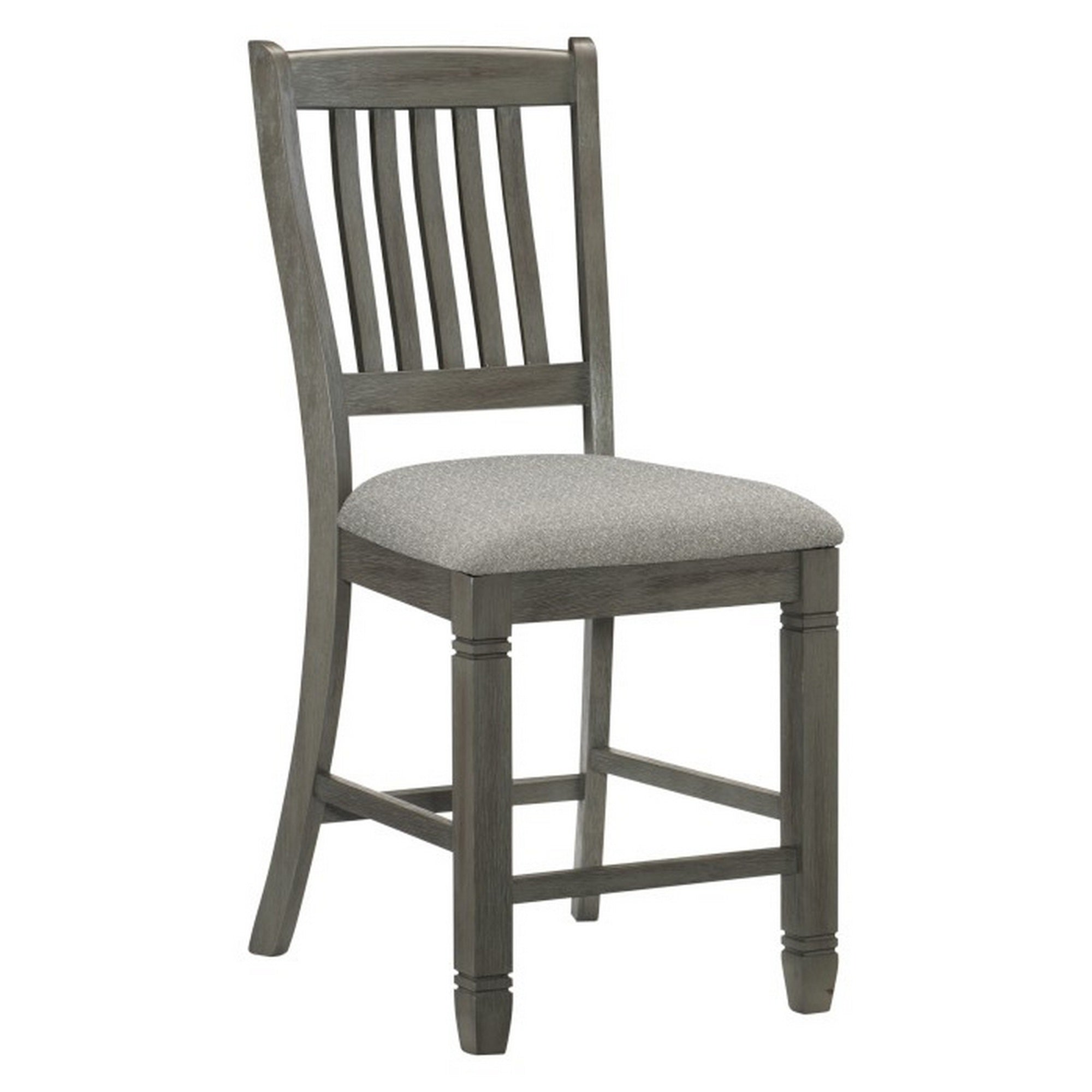Rome 25 Inch Counter Height Chair, Fabric Seat, Antique Gray Wood, Set of 2