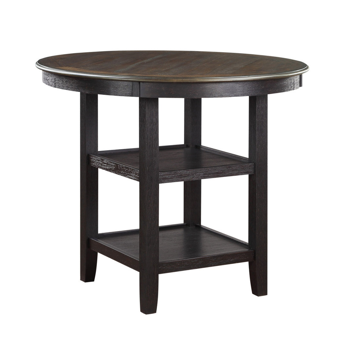 Anji 42 Inch Counter Table, Round Surface, 2 Open Shelves, Brown, Black