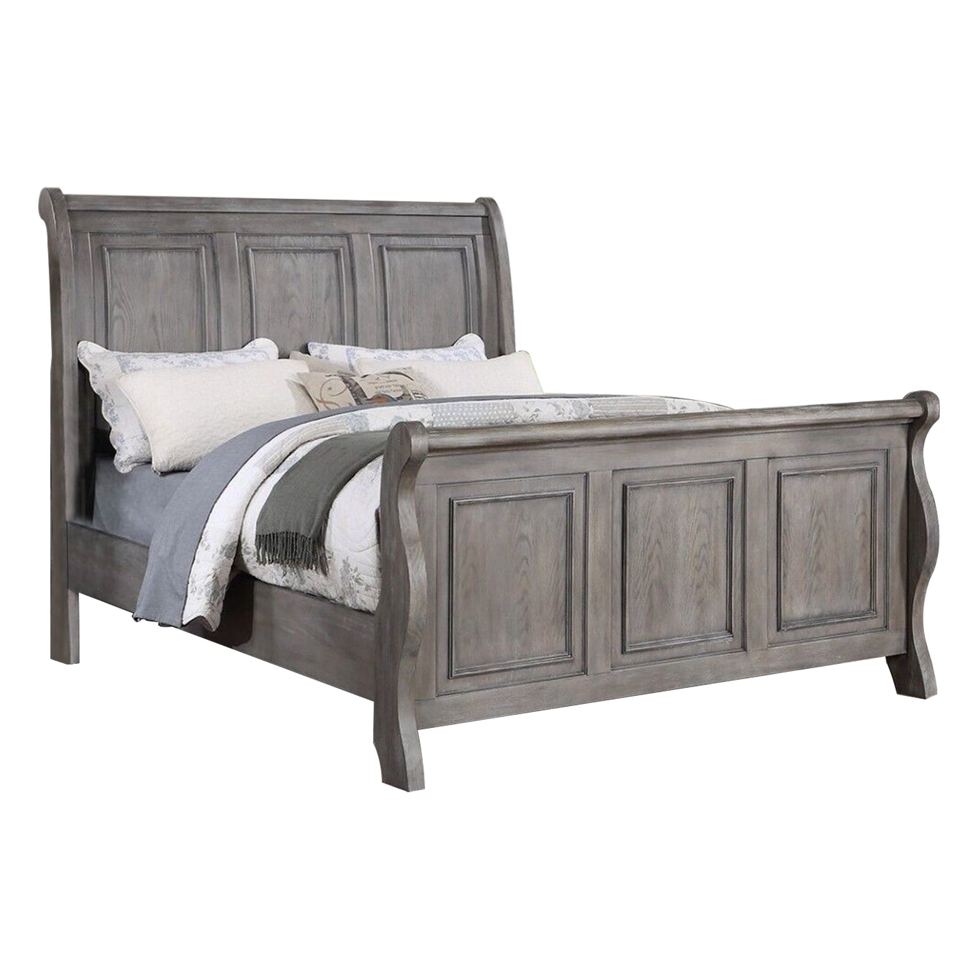 Demi King Size Bed, Sleigh Headboard, Tri Panel Molding, Oak Gray Wood