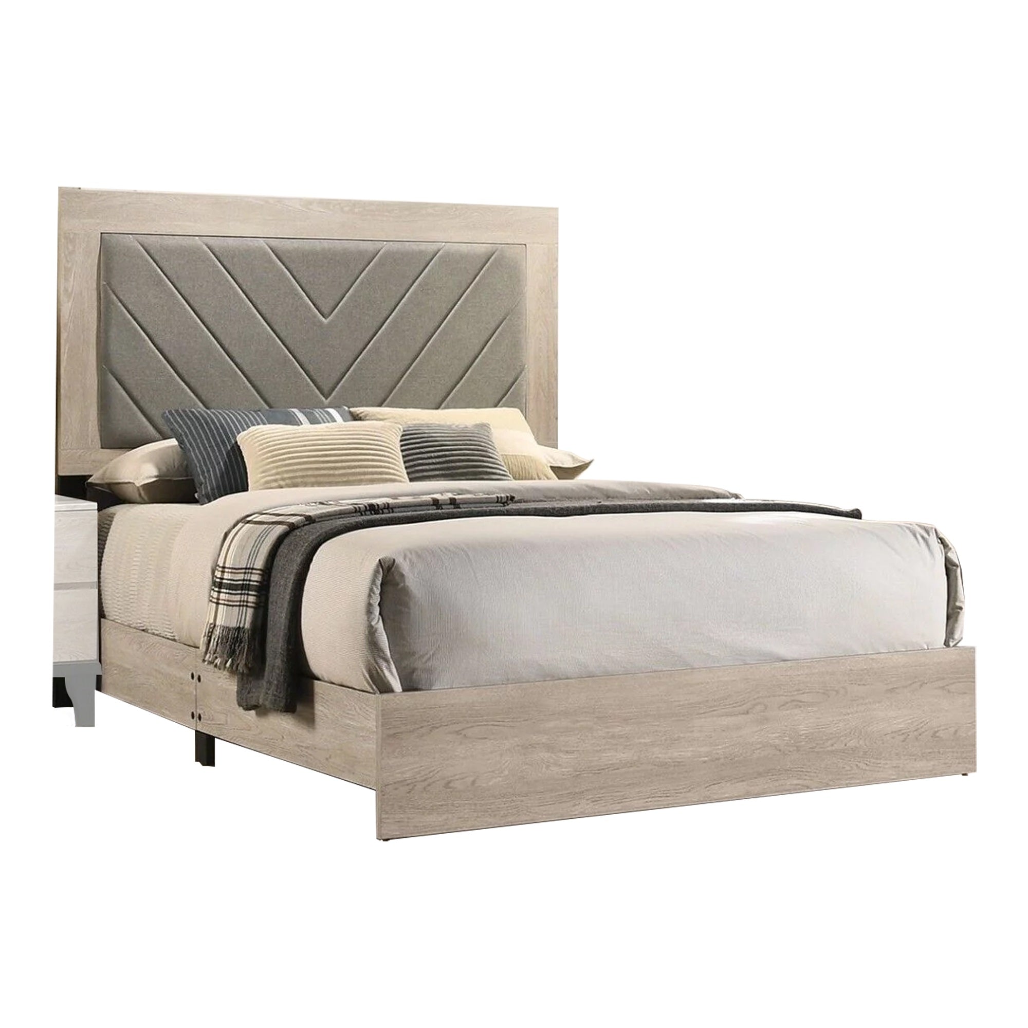 Cato Upholstered King Size Bed, Chevron Tufted Gray Headboard, Cream Finish