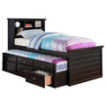 Toni Twin Size Trundle Bed with 6 Drawers, Bookcase Headboard, Black Wood
