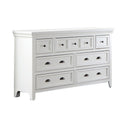 Cile 56 Inch Dresser, 7 Gliding Drawers, White Wood, Round Nickel Handles