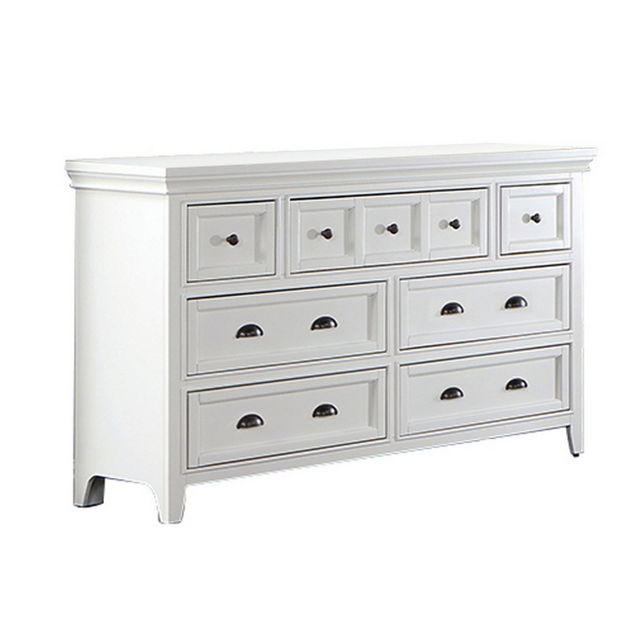 Cile 56 Inch Dresser, 7 Gliding Drawers, White Wood, Round Nickel Handles
