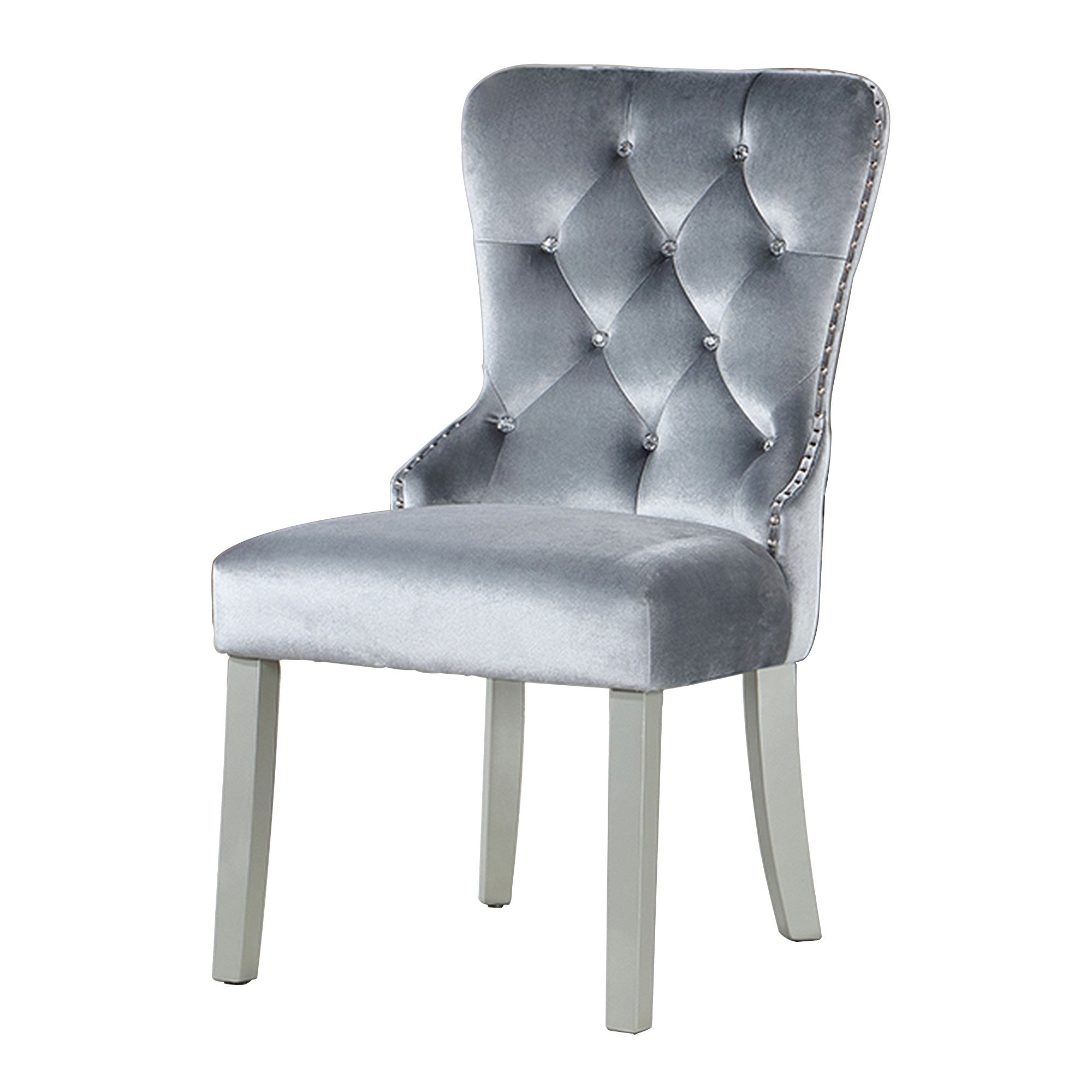 21 Inch Dining Chair, Set of 2, Gray Flannelette, Acrylic Crystal Tufting