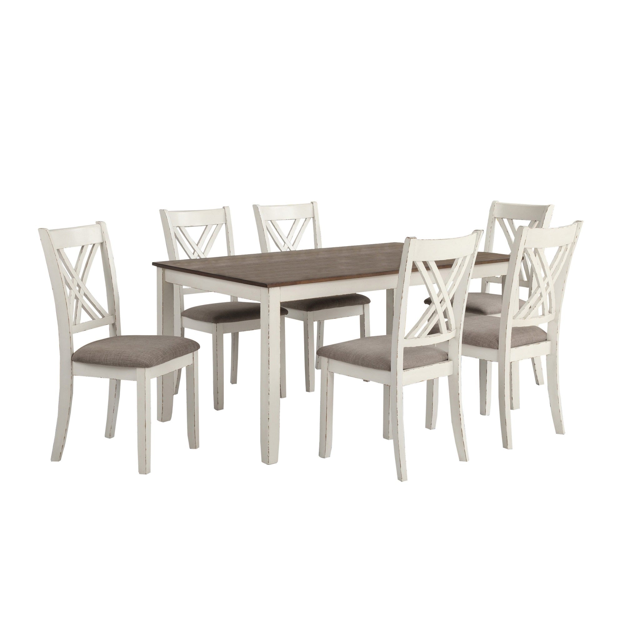 7 Piece Dining Set, Dry Brushed Weathered Wood Surface, Gray Upholstery
