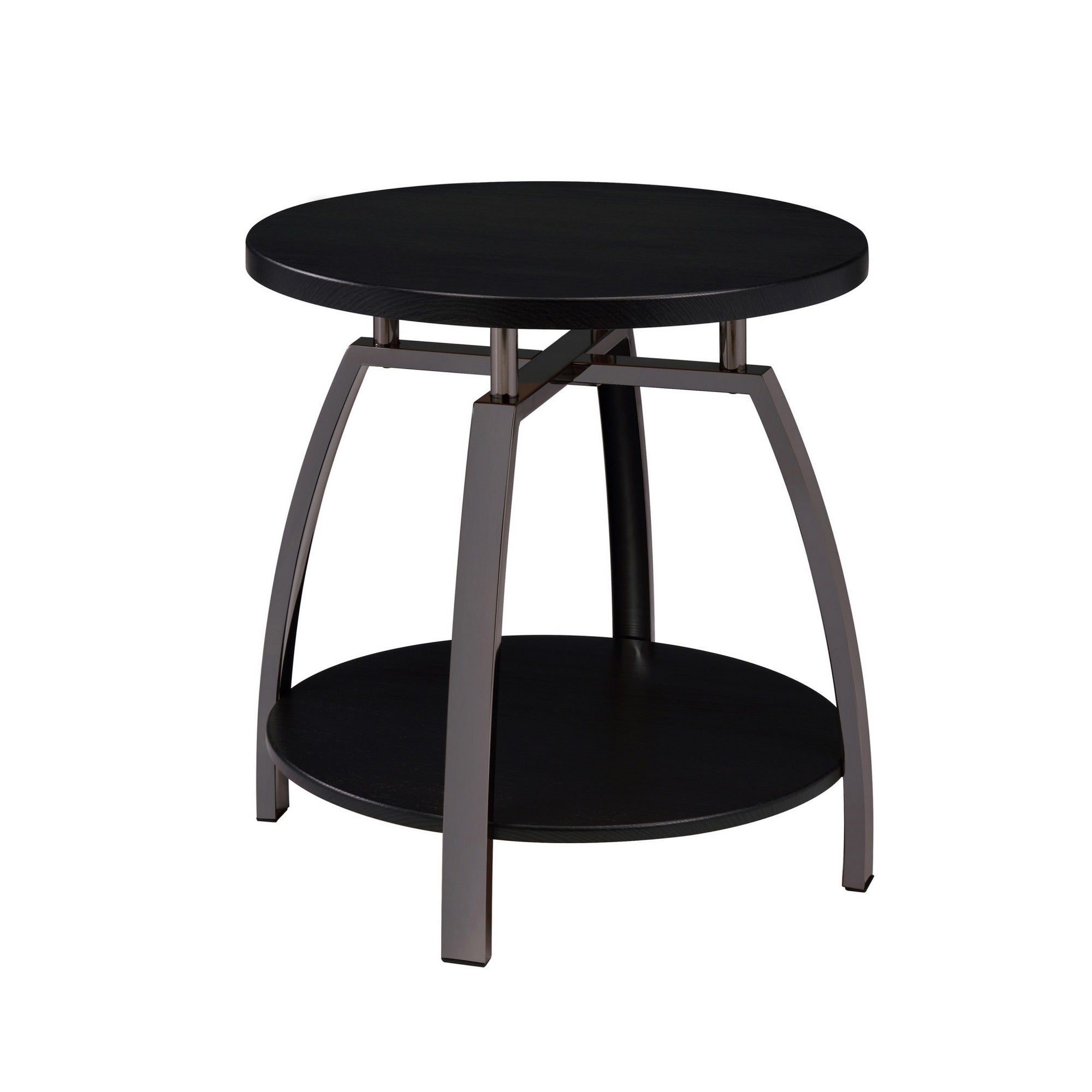 Dyn 23 Inch Round End Table, Open Shelf, Grayish Black Top, Gray Metal Legs