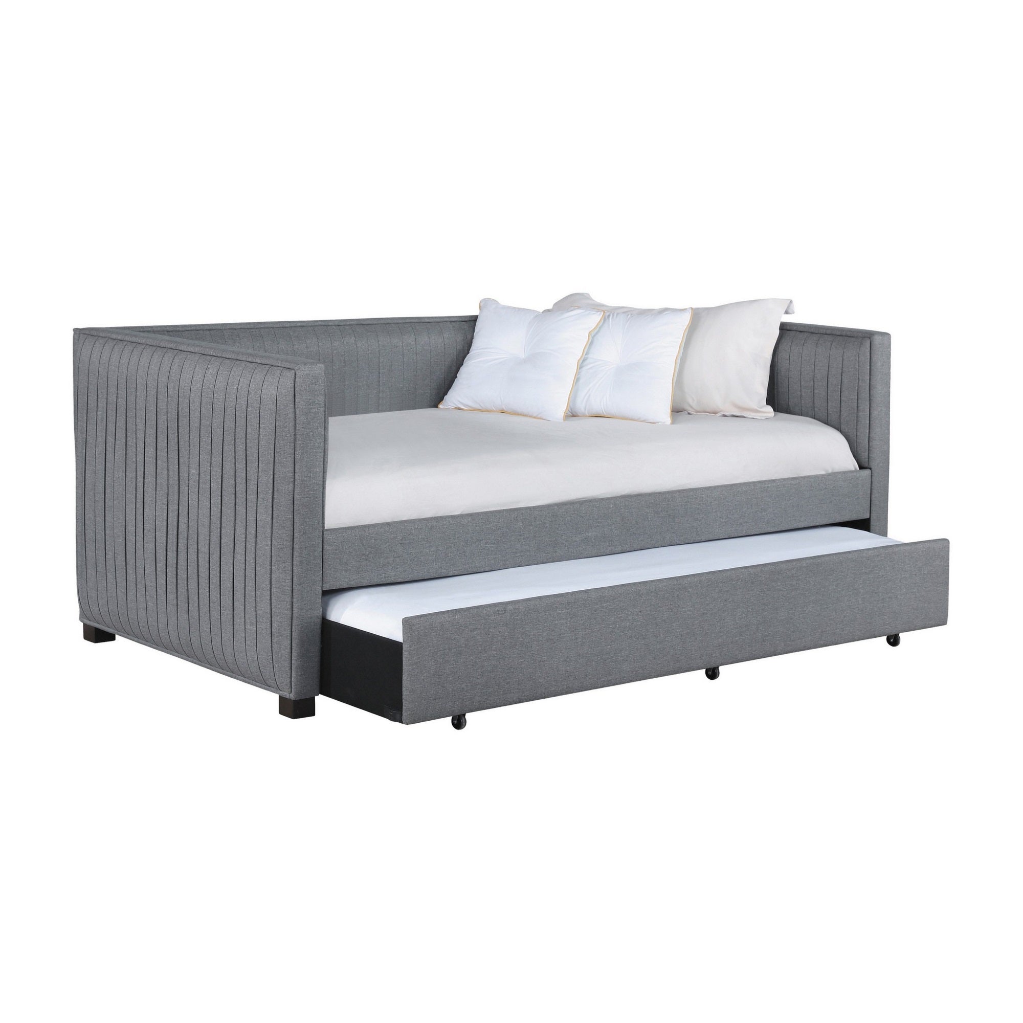 Modern Twin Daybed with Trundle, Shelter Back, Ribbed Gray Upholstery