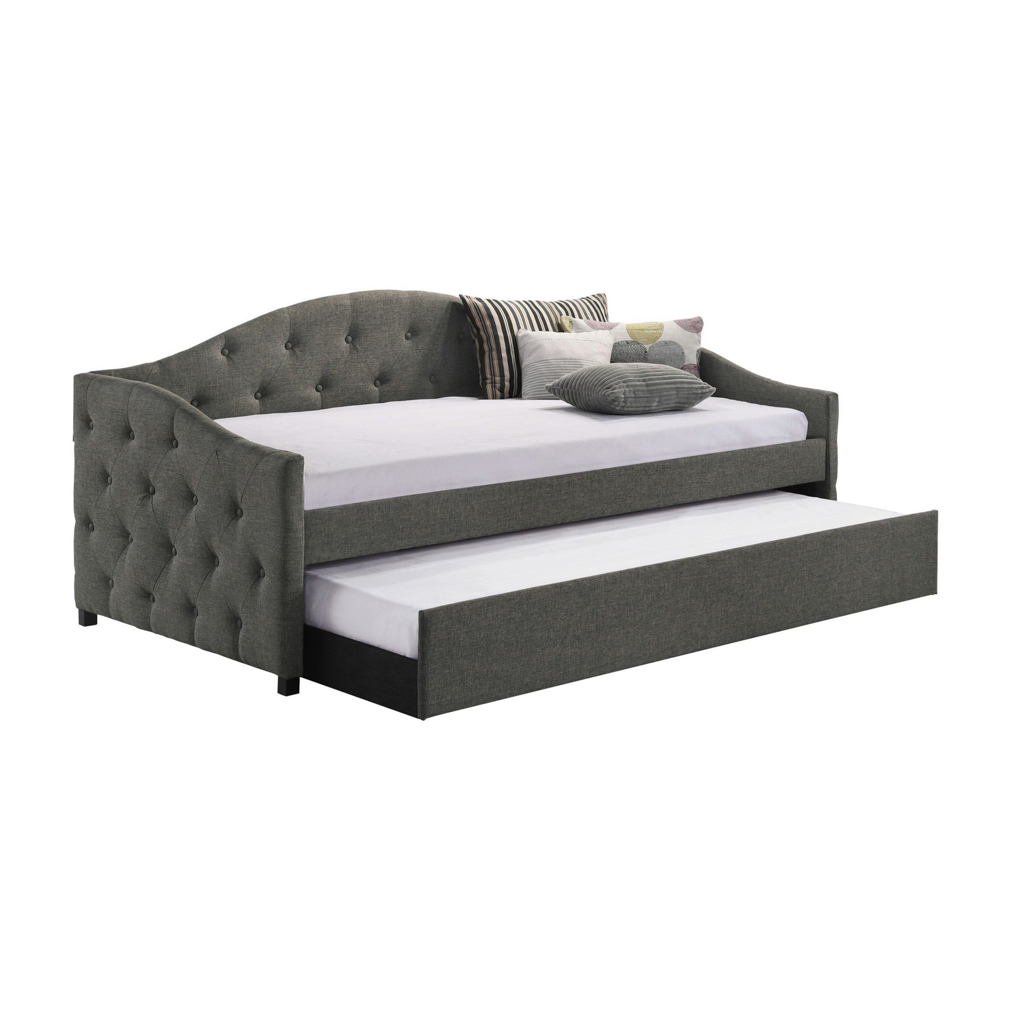 Mosh Twin Daybed with Trundle, Camel Back, Button Tufted, Gray Upholstery