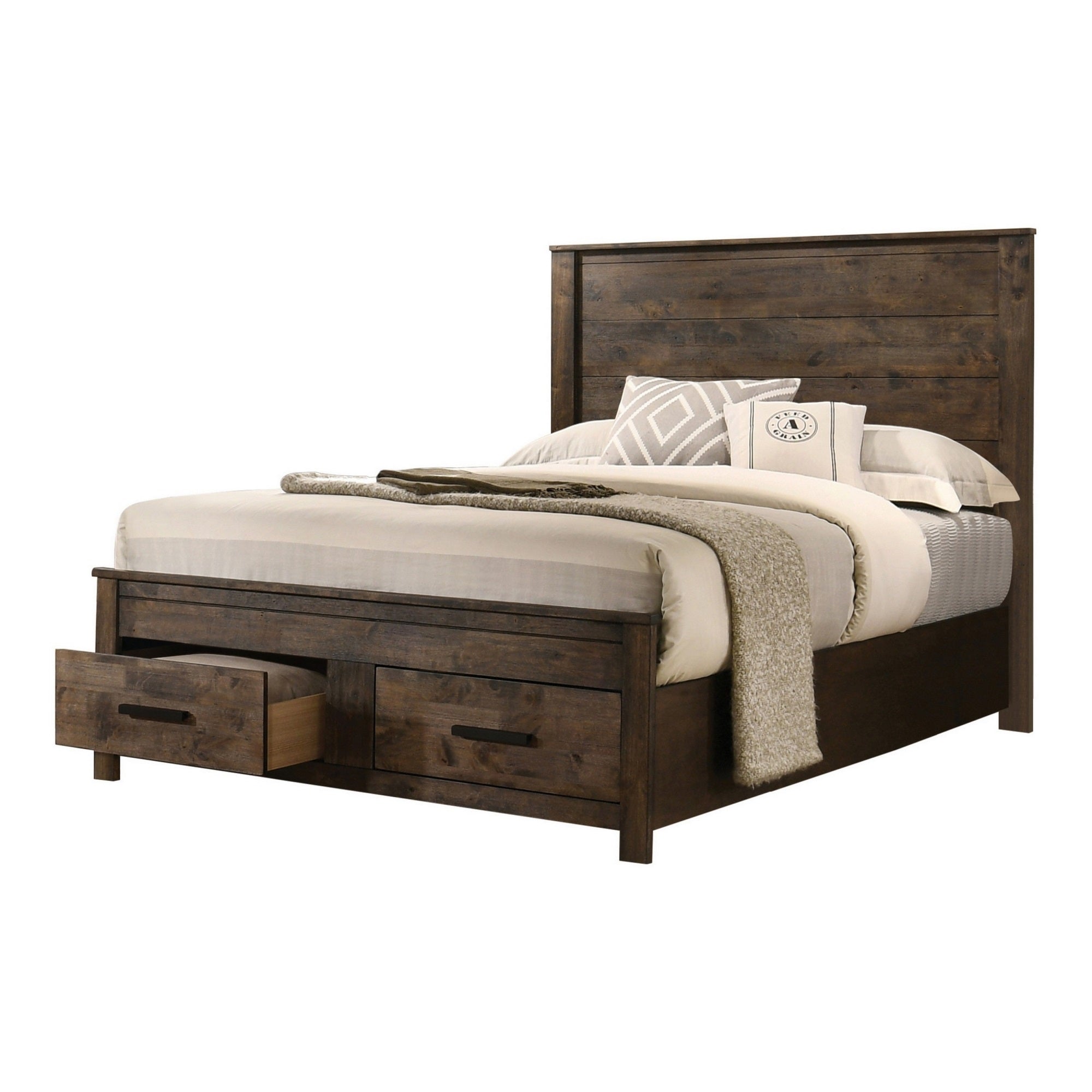 Frio Queen Size Storage Bed, 2 Drawers, Low Platform Design, Rustic Brown