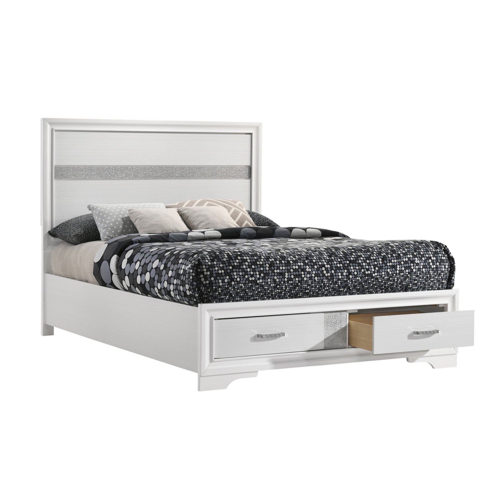 Vino Full Size Panel Bed with 2 Storage Drawers, Acrylic Glitter, White