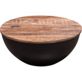 28 Inch Storage Coffee Table, Round Drum Silhouette, Brown Wood, Black Base
