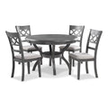 Ceri 5 Piece Round Dining Table and Chair Set, Gray Wood, White Fabric