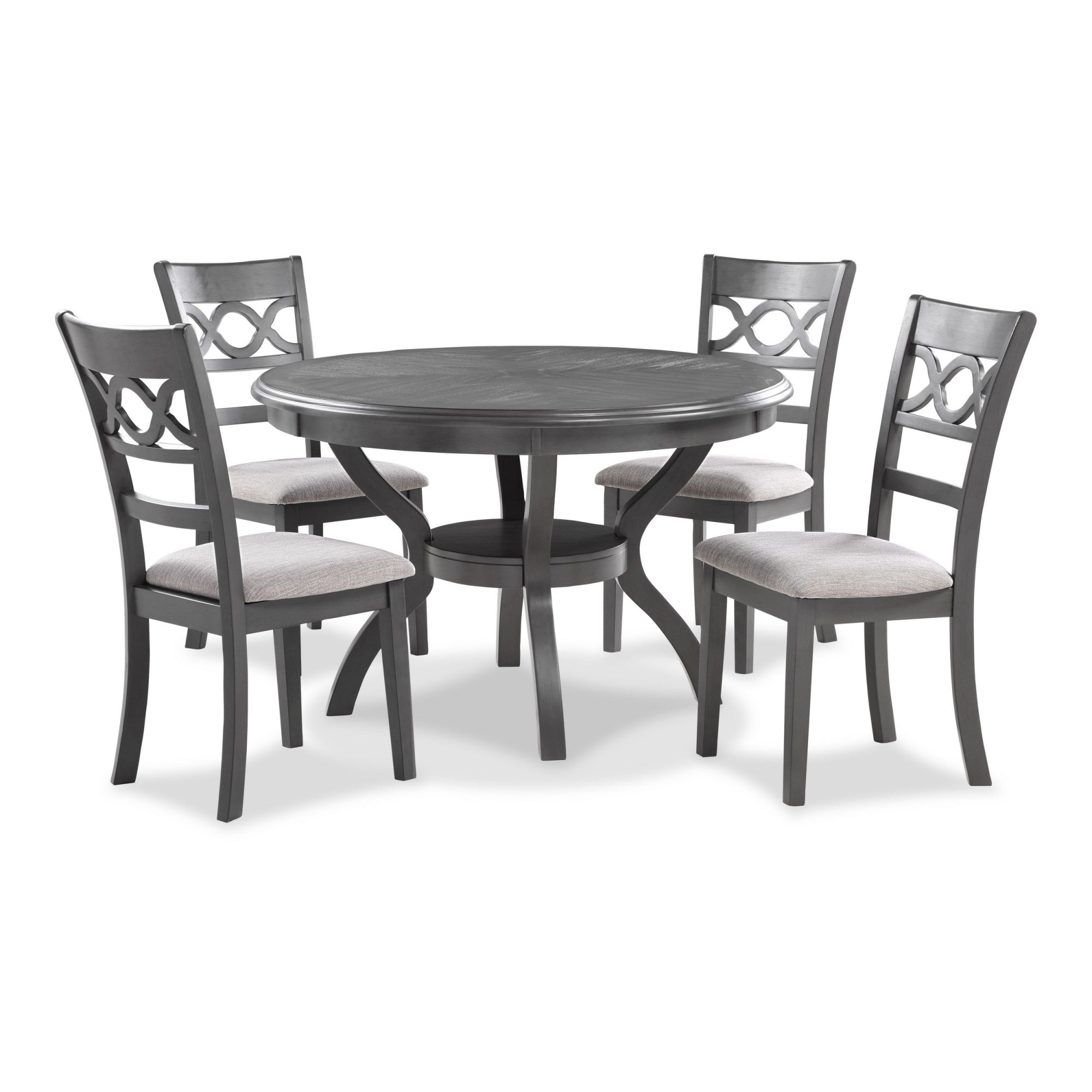 Ceri 5 Piece Round Dining Table and Chair Set, Gray Wood, White Fabric
