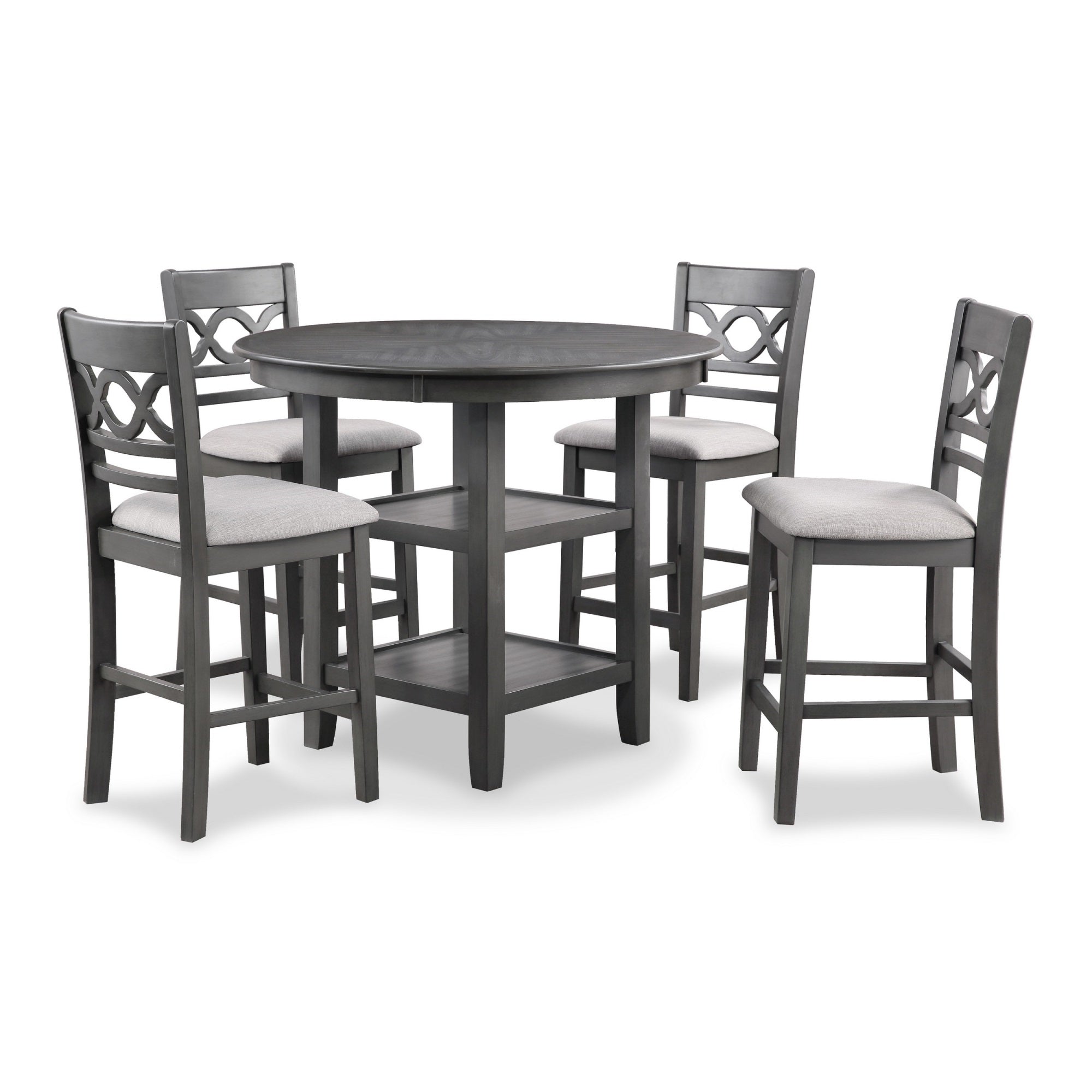 Ceri 5pc Round Counter Dining Table and Chair Set, Gray Wood, White Fabric