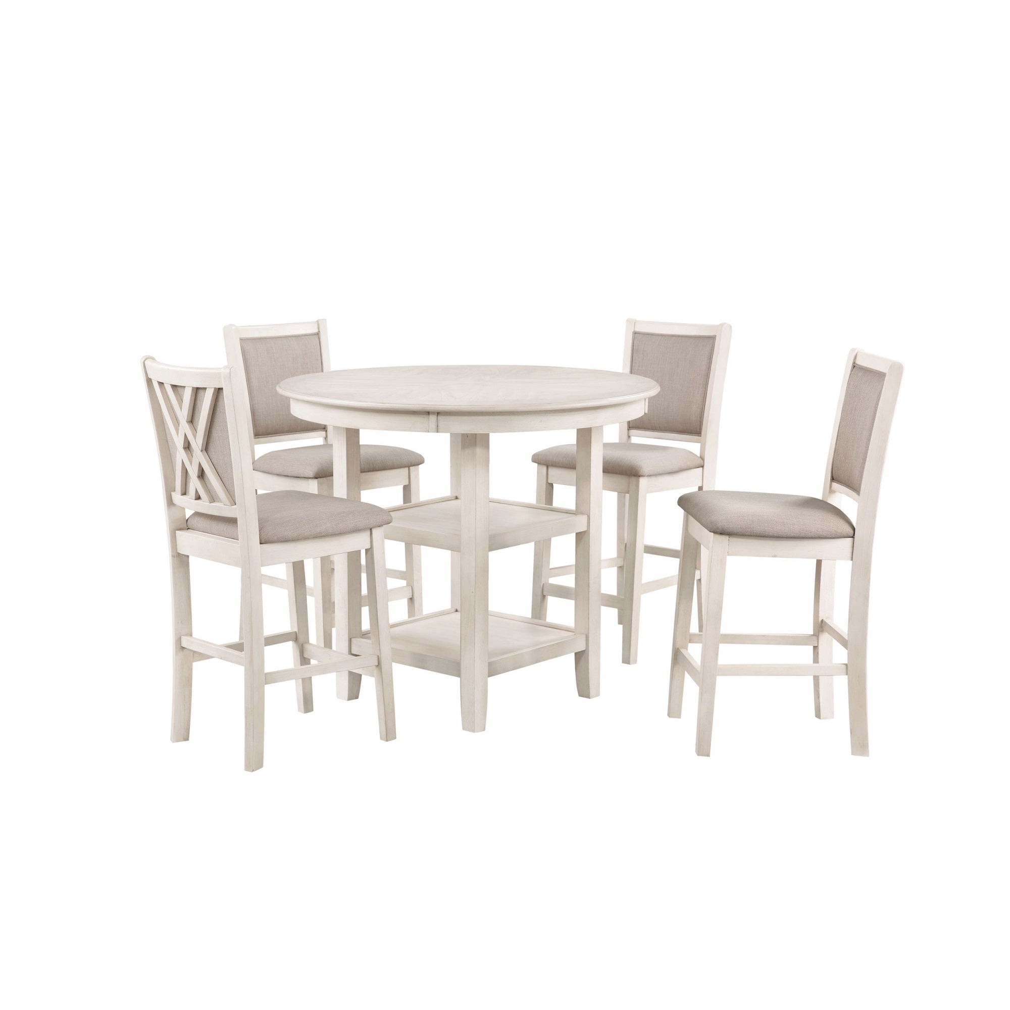Aine 5 Piece Round Counter Dining Table, Chair Set, White Wood, Fabric Seat
